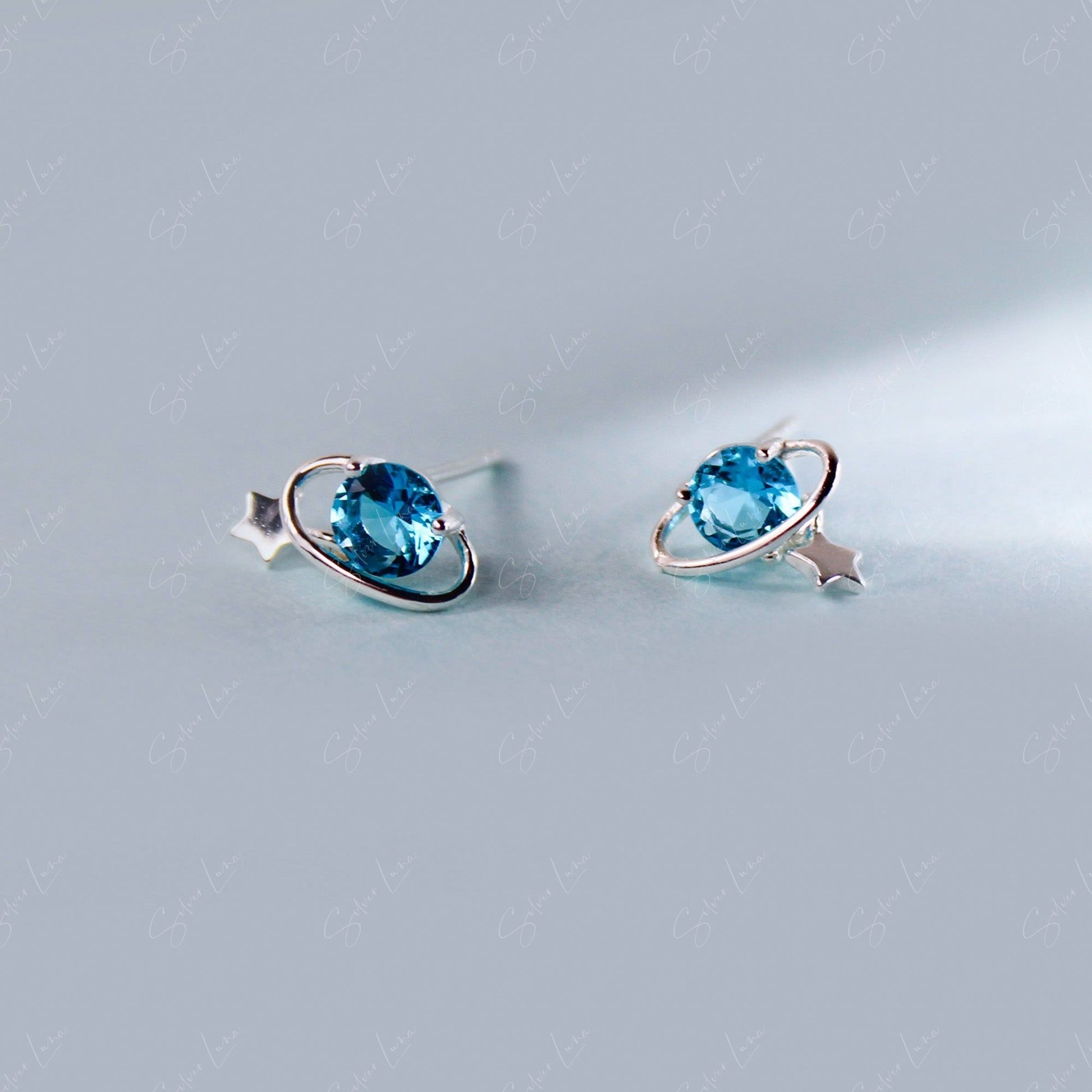 Planet Star Drop Sterling Silver Stud Earrings