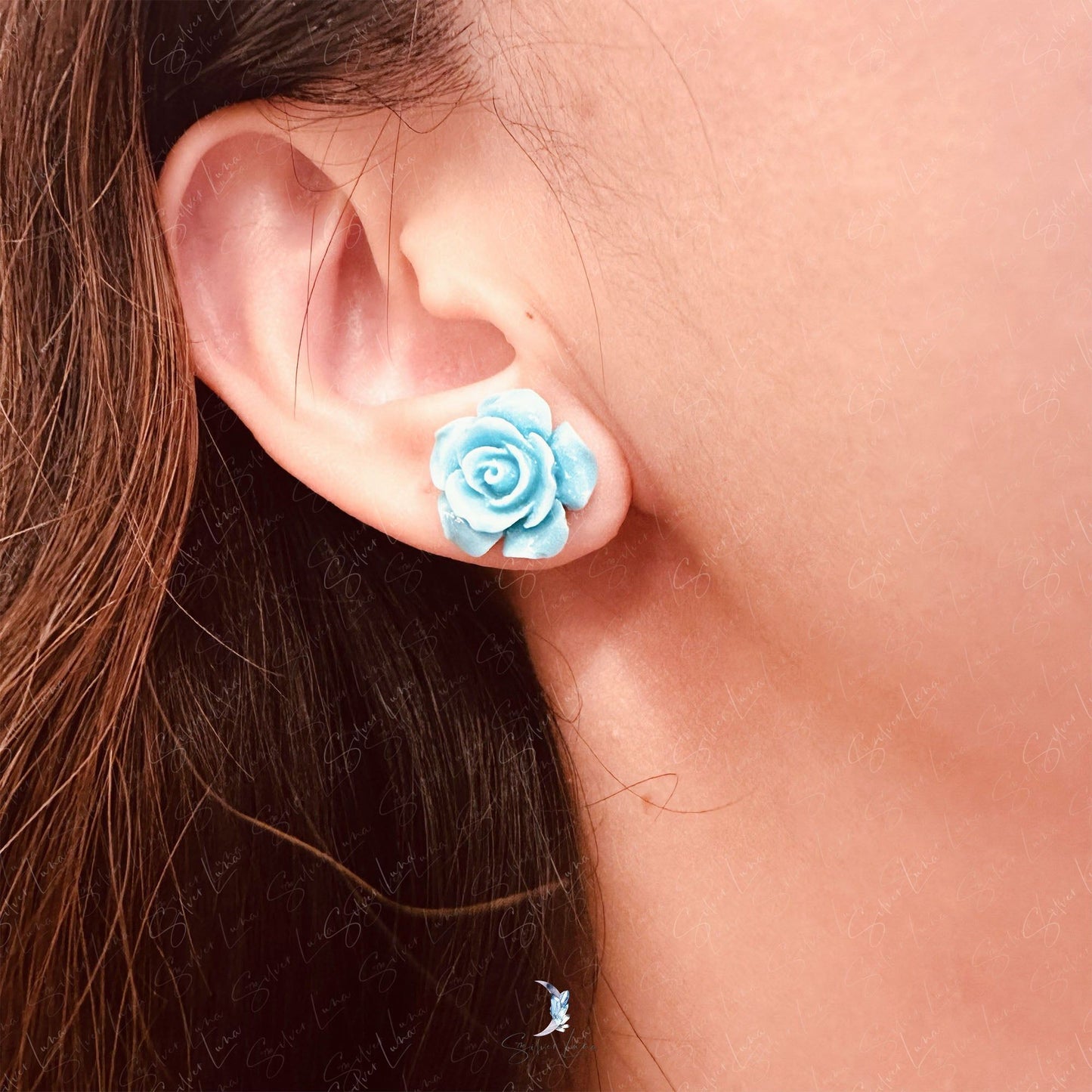 blue rose flower stud earrings