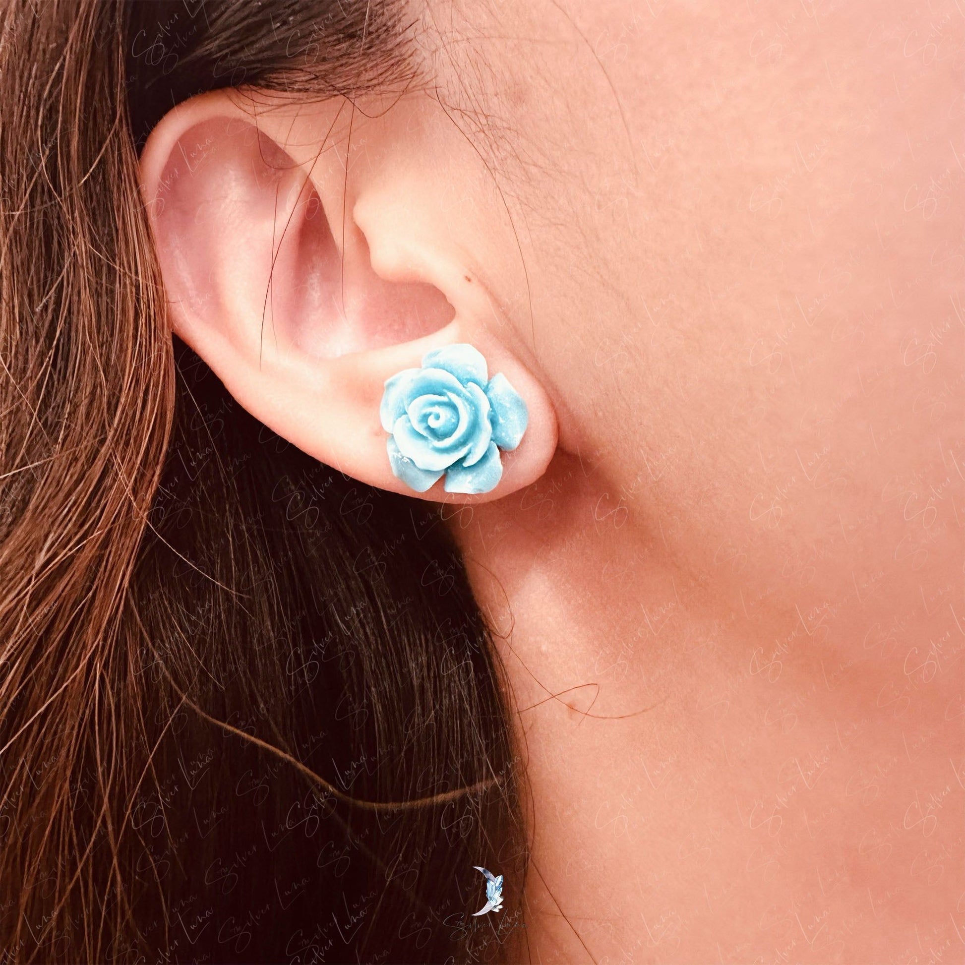 blue rose flower stud earrings
