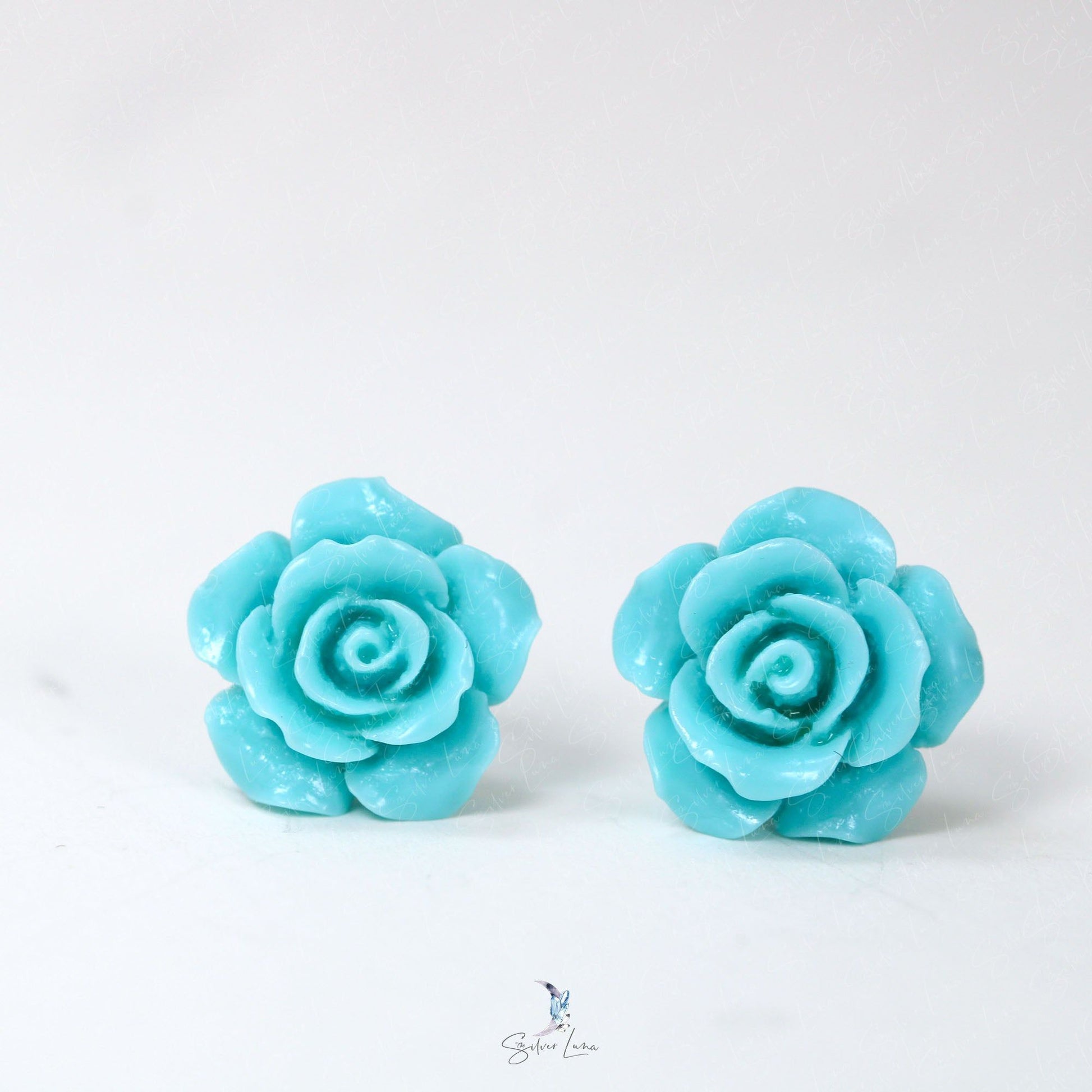 blue rose flower earrings