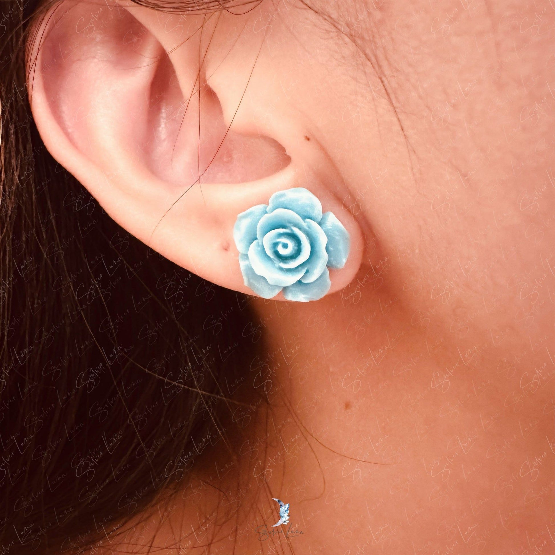 blue rose flower stud earrings