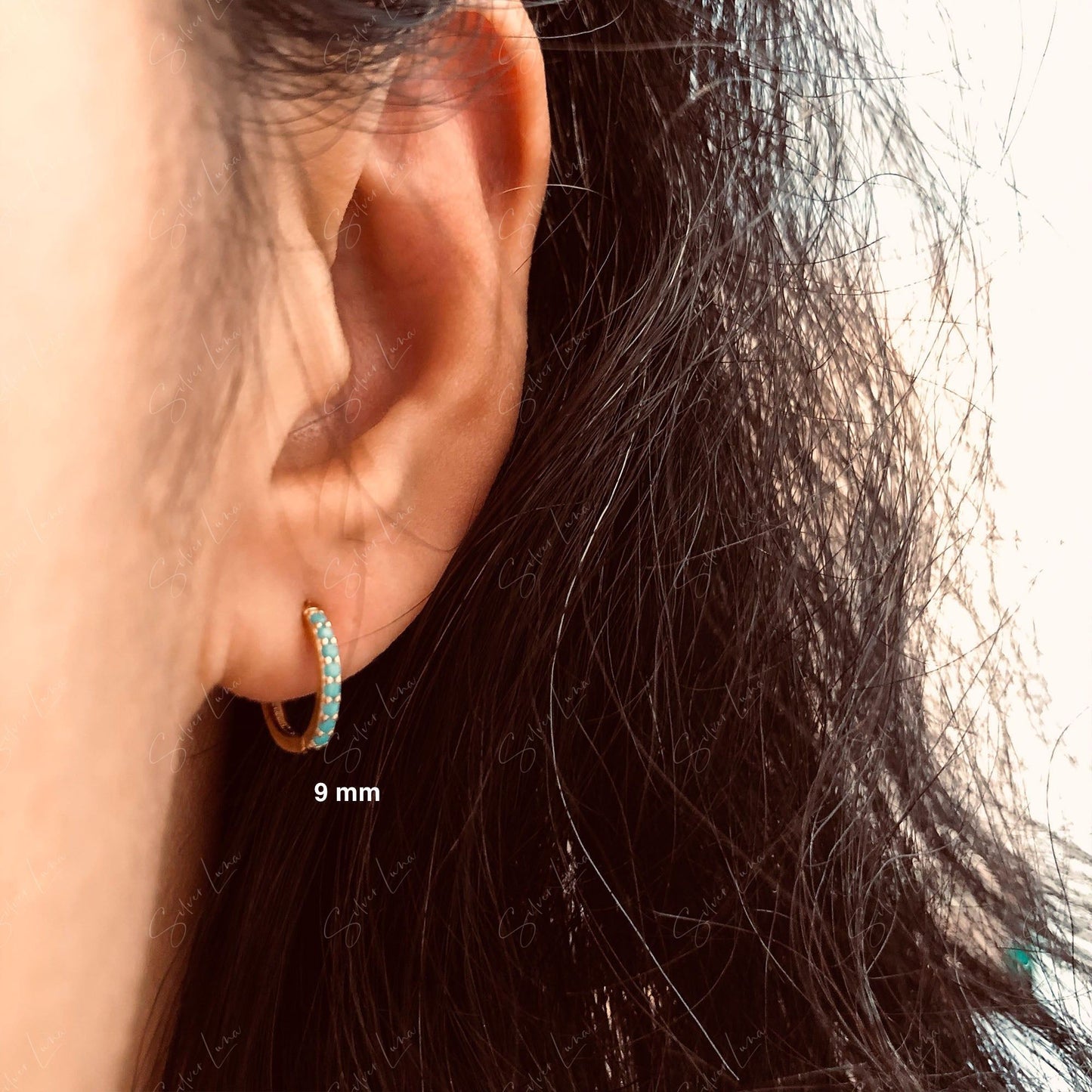 Blue stone hoop earrings in sterling silver