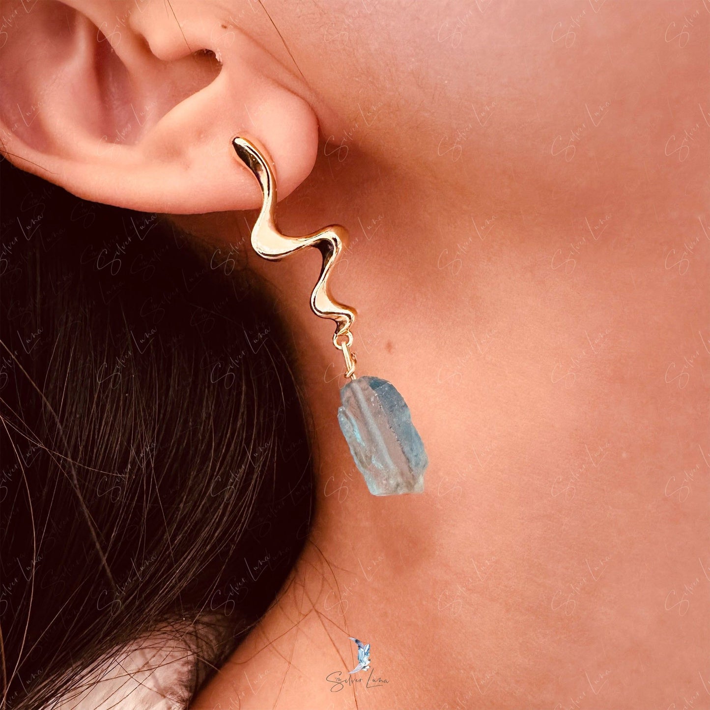 Fluorite nugget natural stone water droplet earrings