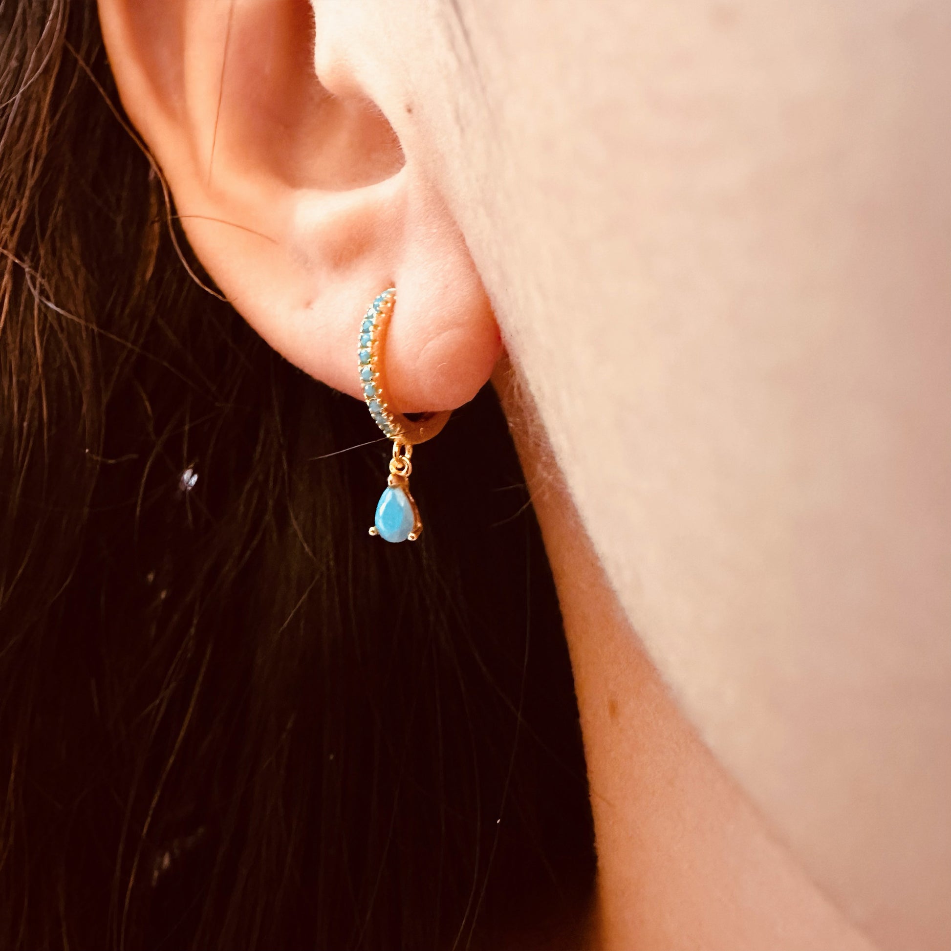 blue stone teardrop hoop earrings