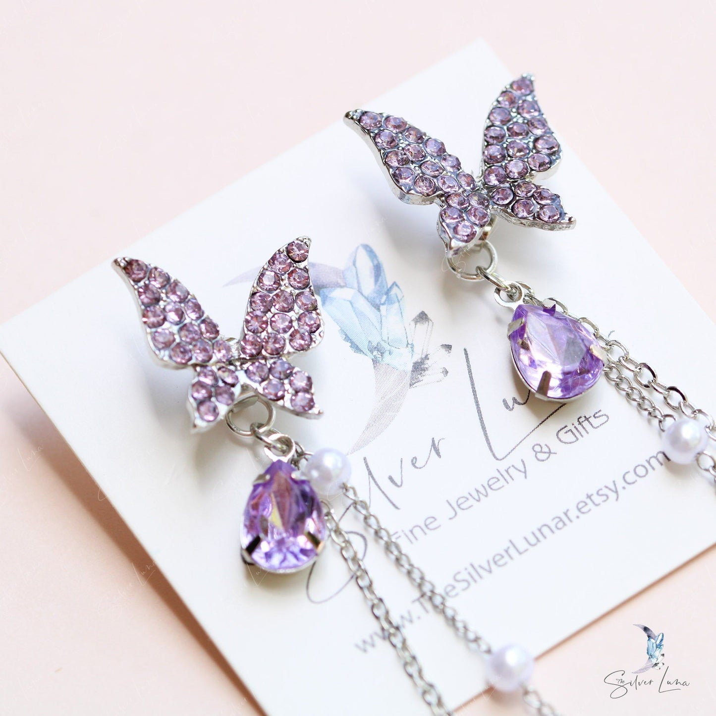 Crystal rhinestone butterfly dangle drop earrings