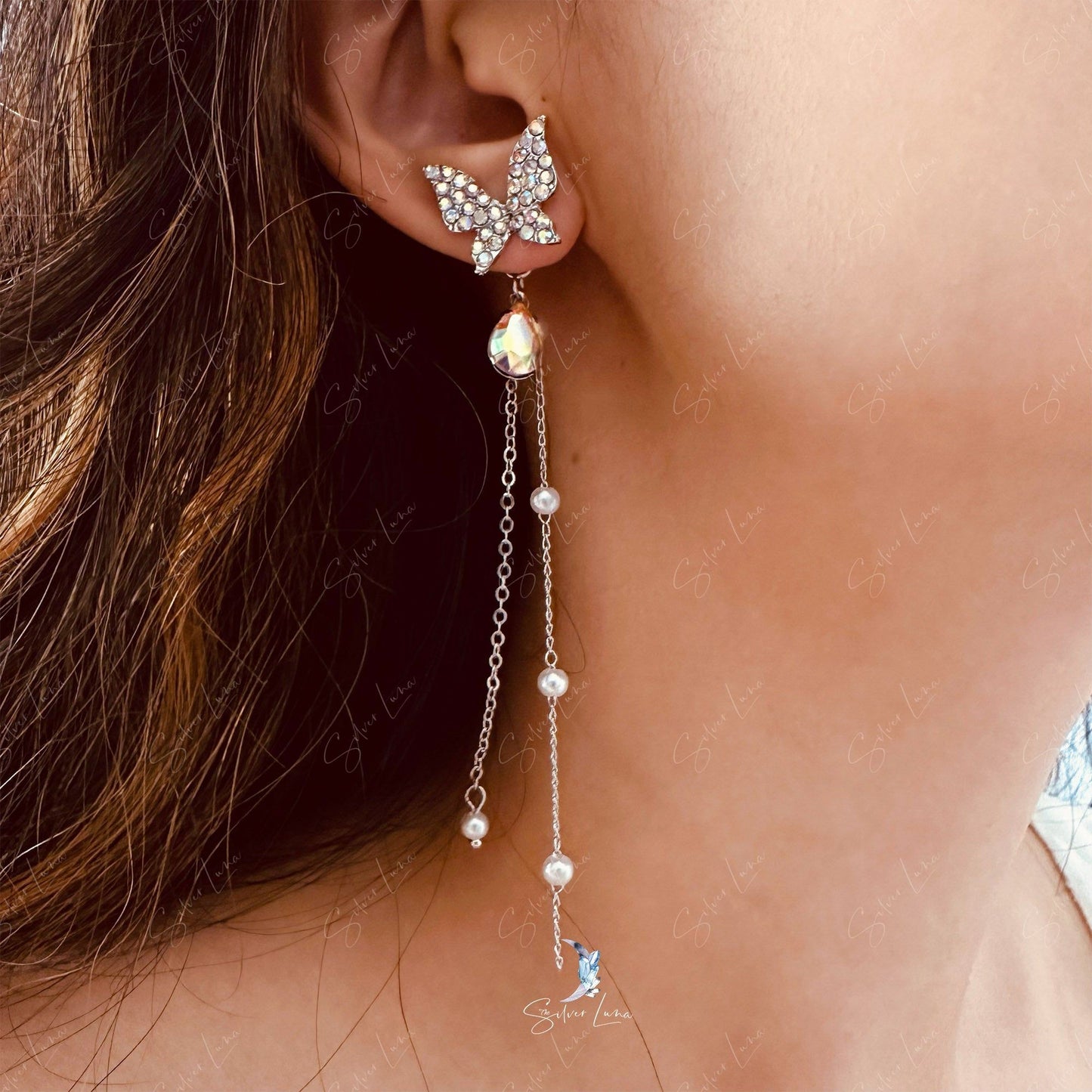 Crystal rhinestone butterfly dangle drop earrings