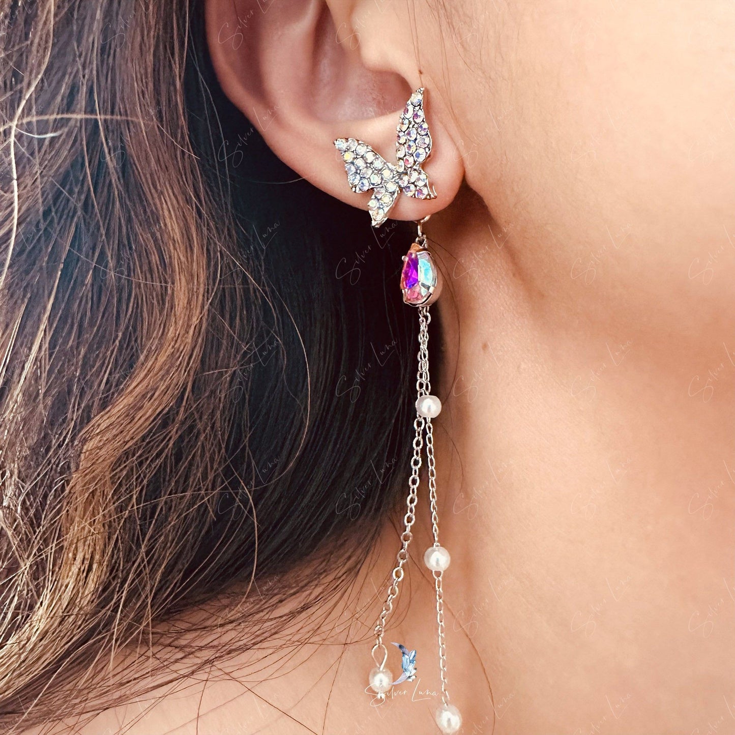 Crystal rhinestone butterfly dangle drop earrings