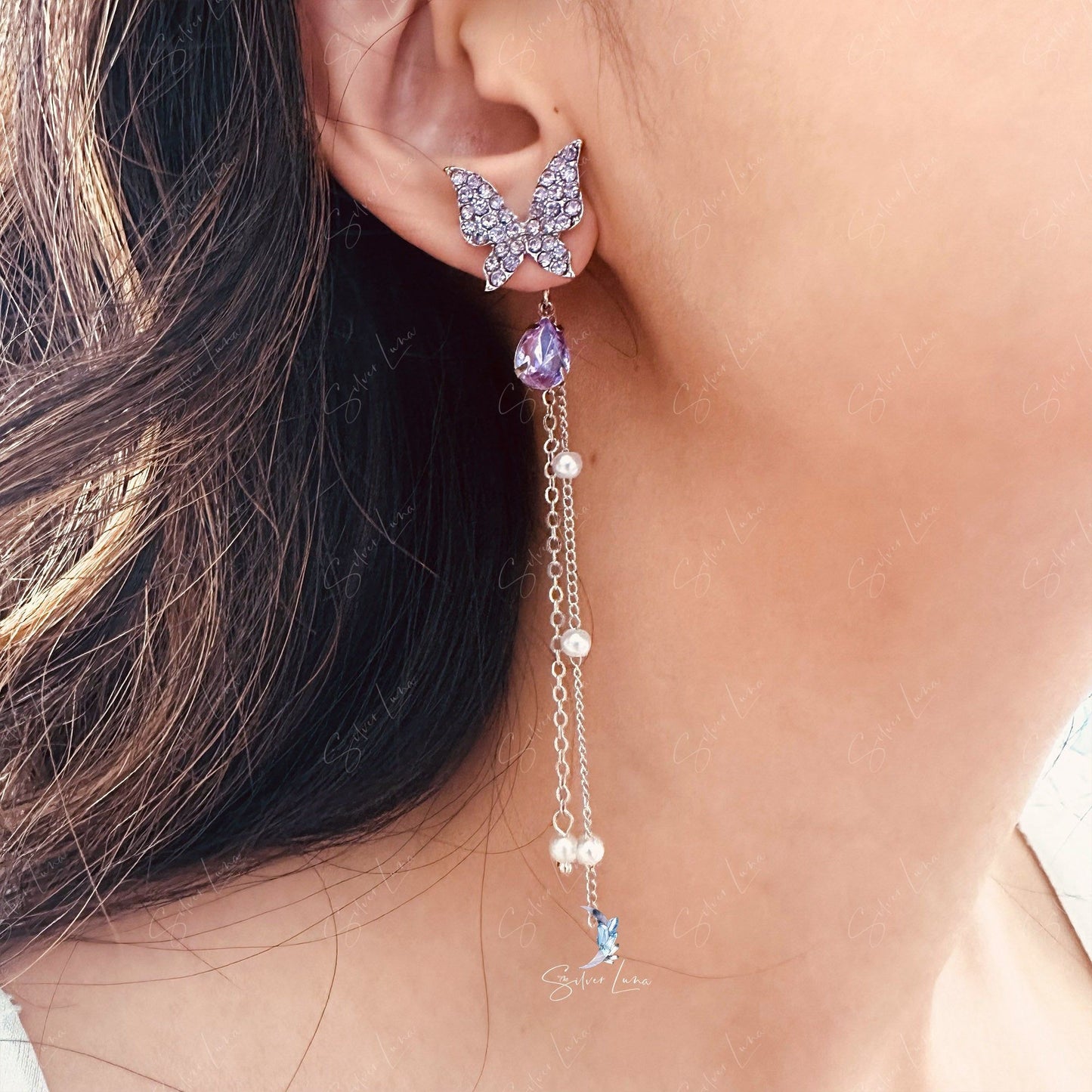 Crystal rhinestone butterfly dangle drop earrings