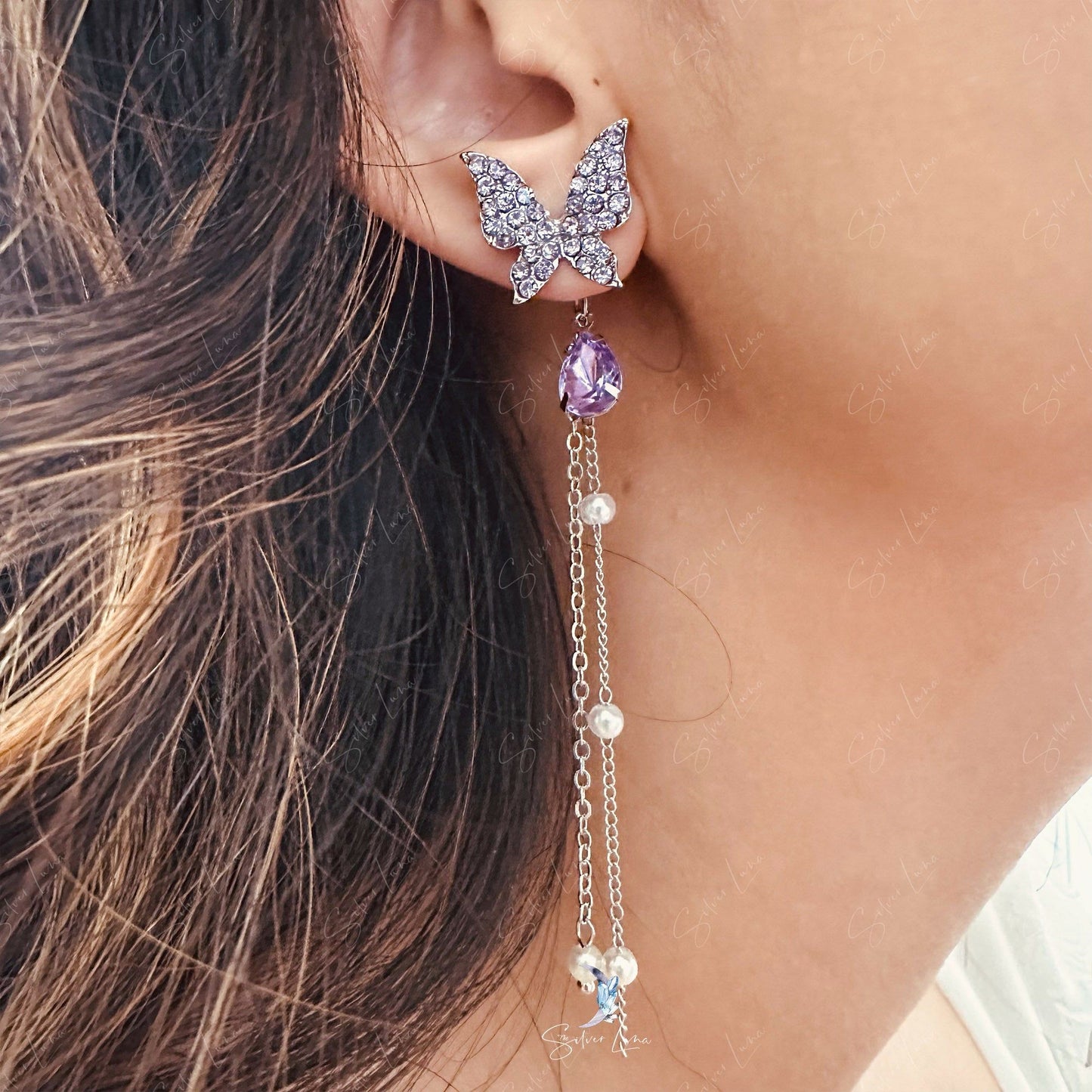 Crystal rhinestone butterfly dangle drop earrings