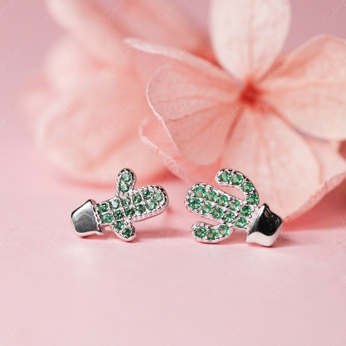 Green Cactus Plant Stud Earrings Silver