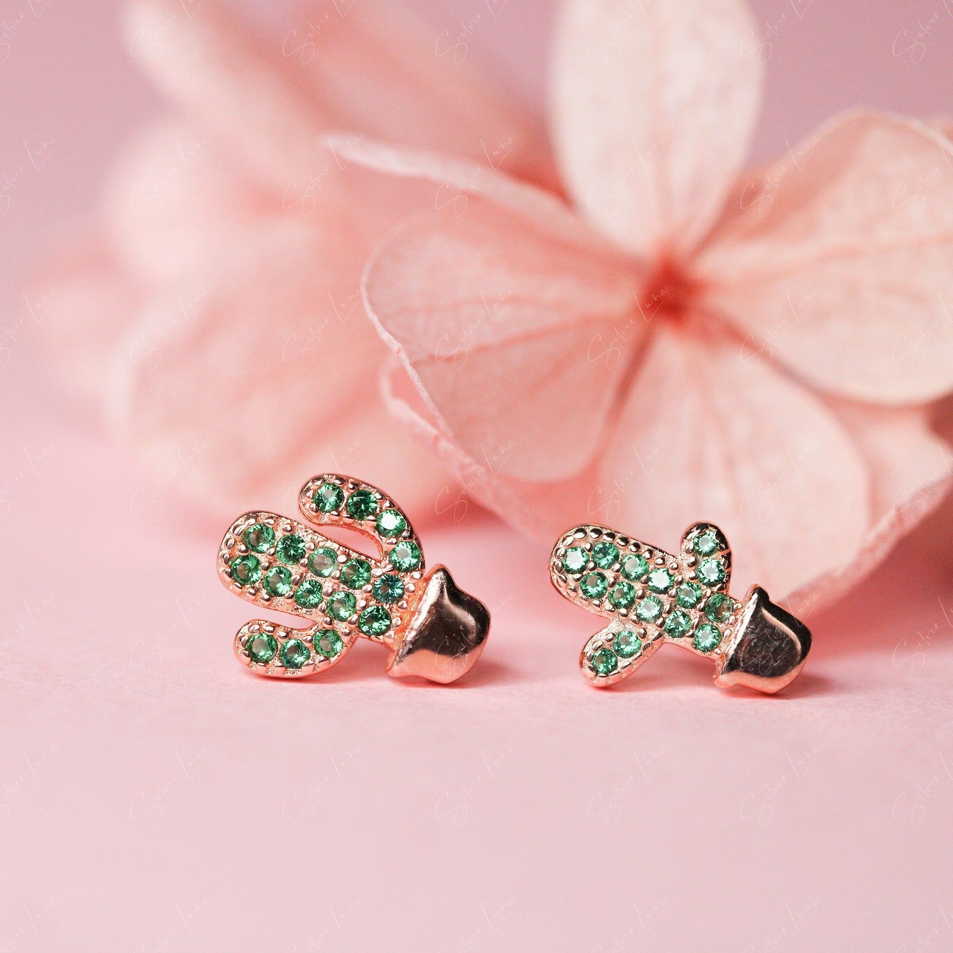 Green Cactus Plant Stud Earrings Rose Gold