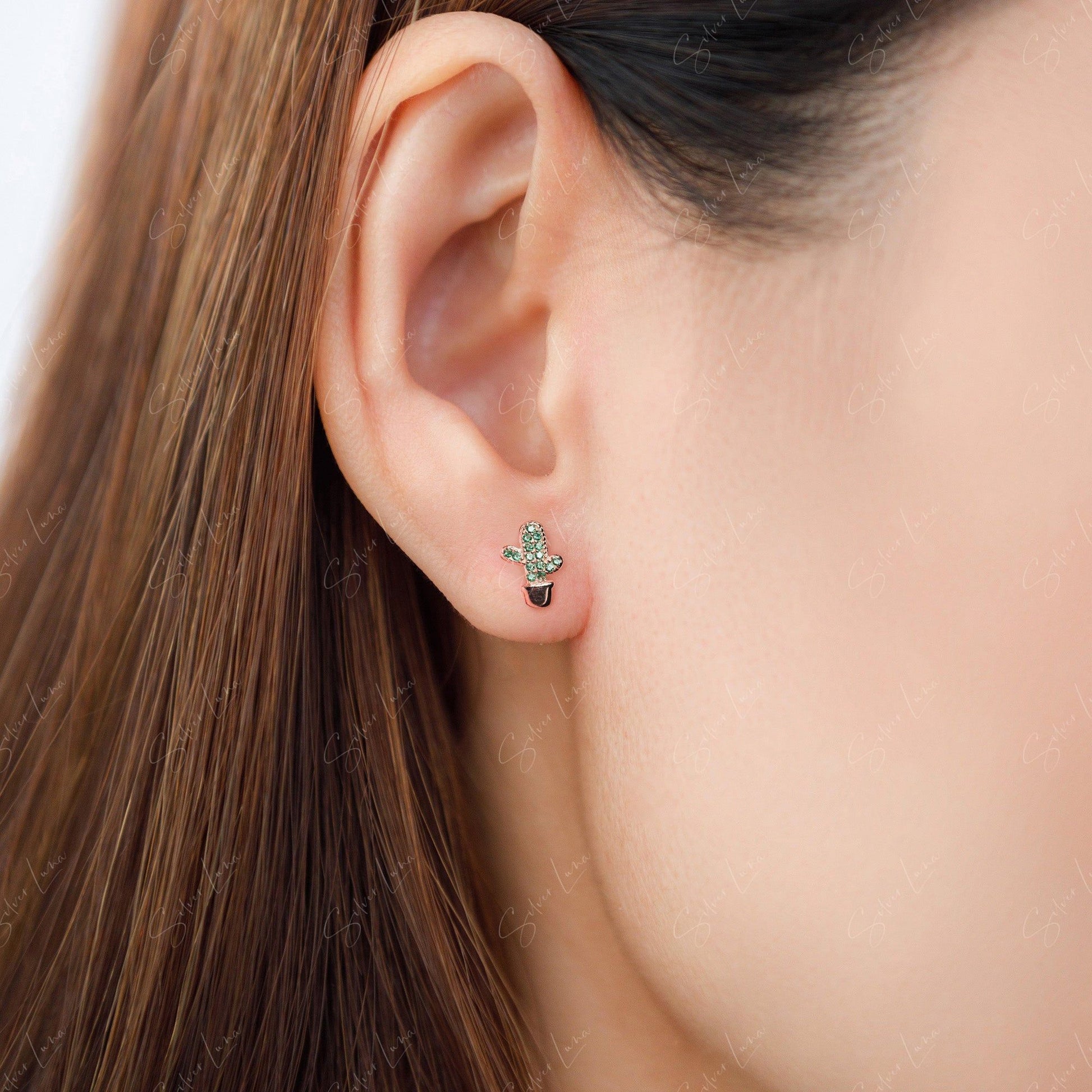 Green Cactus Plant Stud Earrings