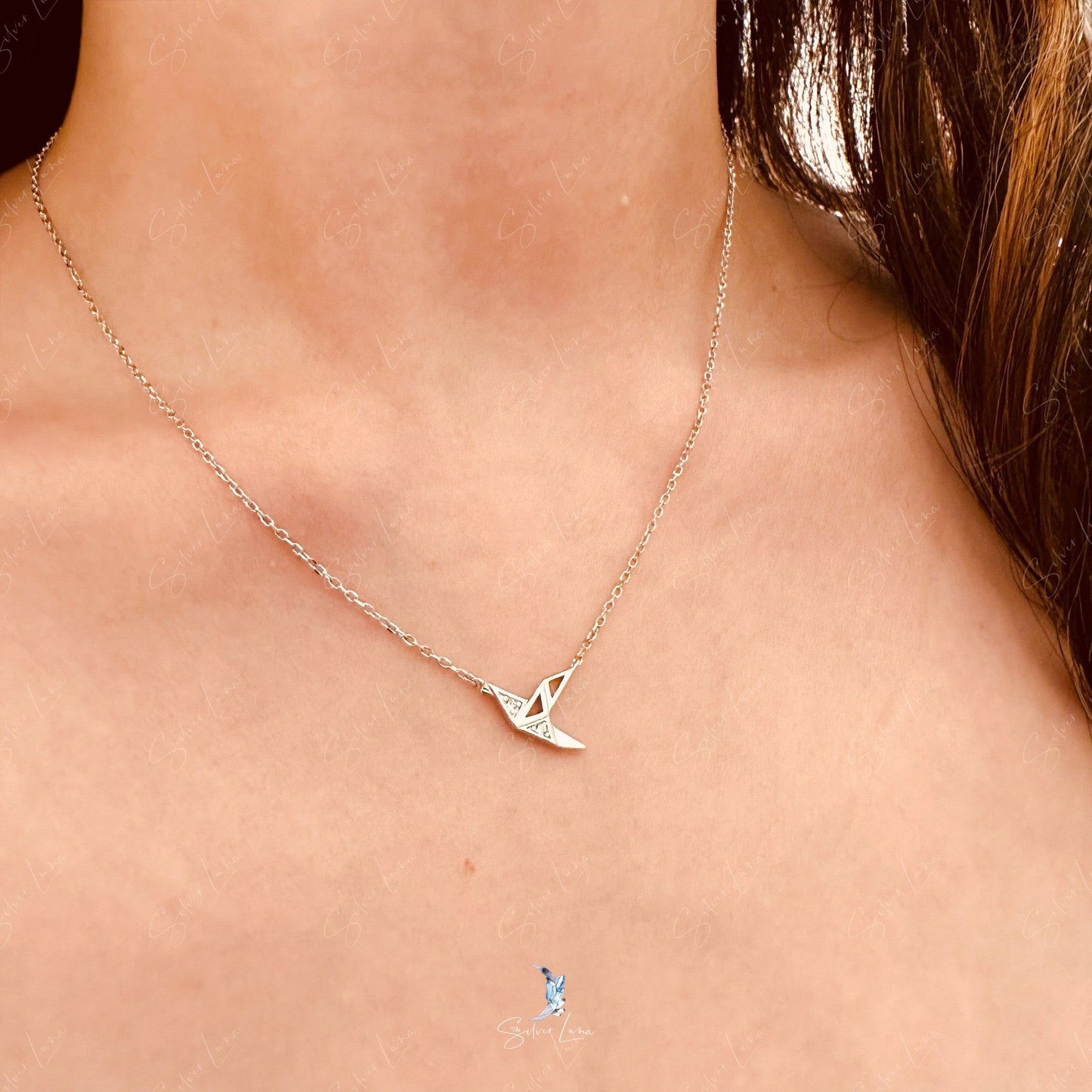 Origami paper crane pendant necklace