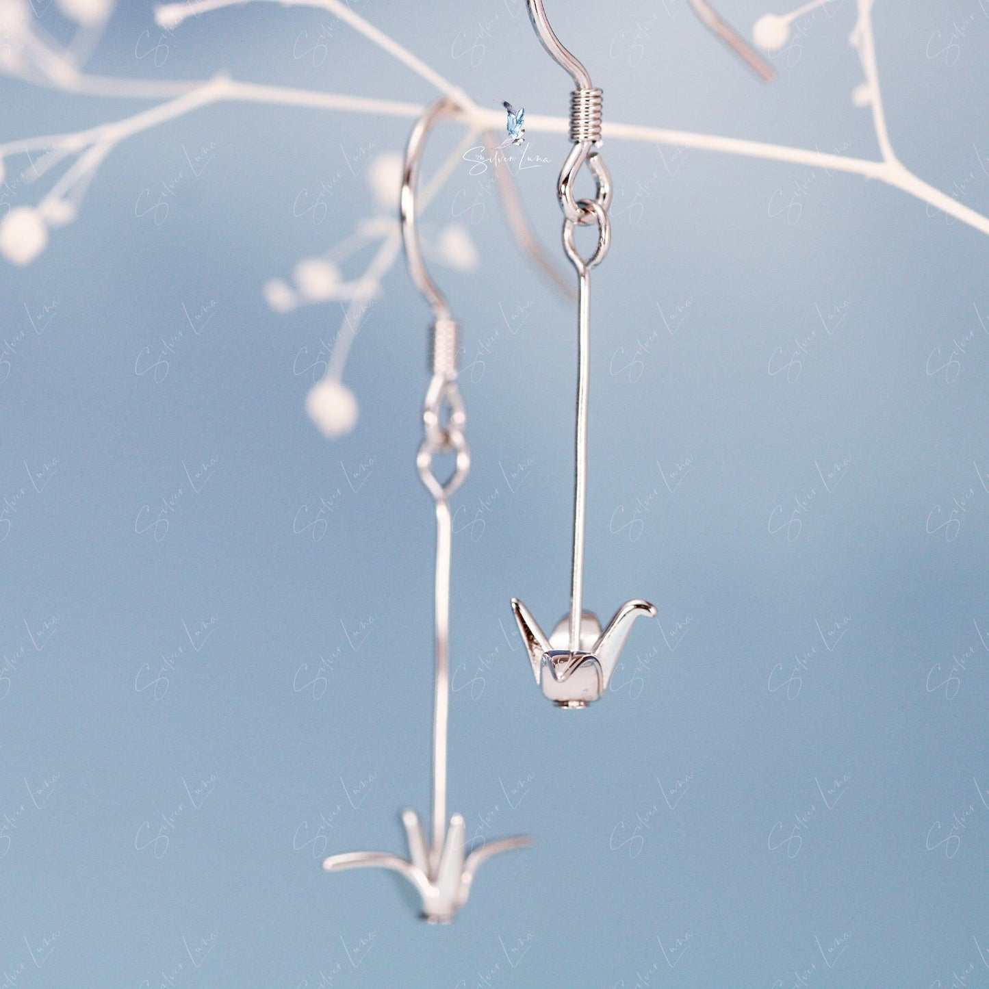 origami paper crane silver earrings
