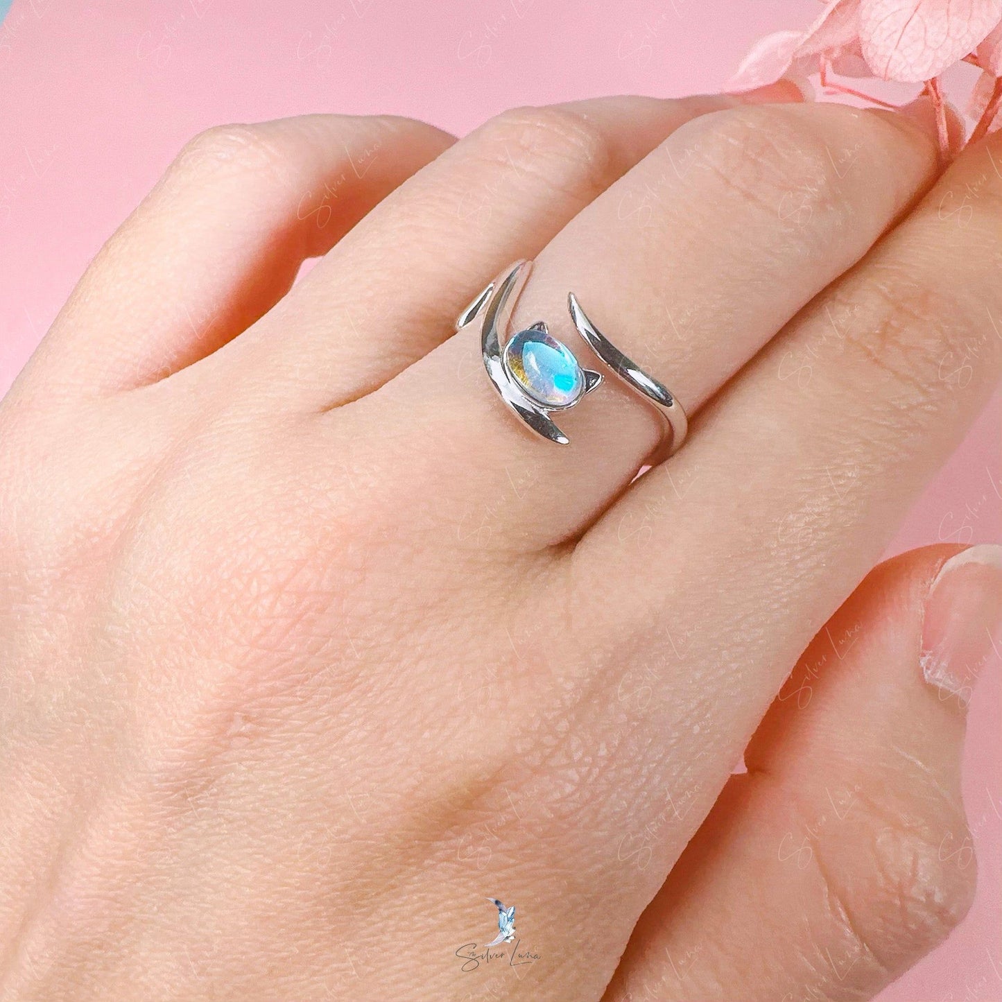 moon stone cat open band ring