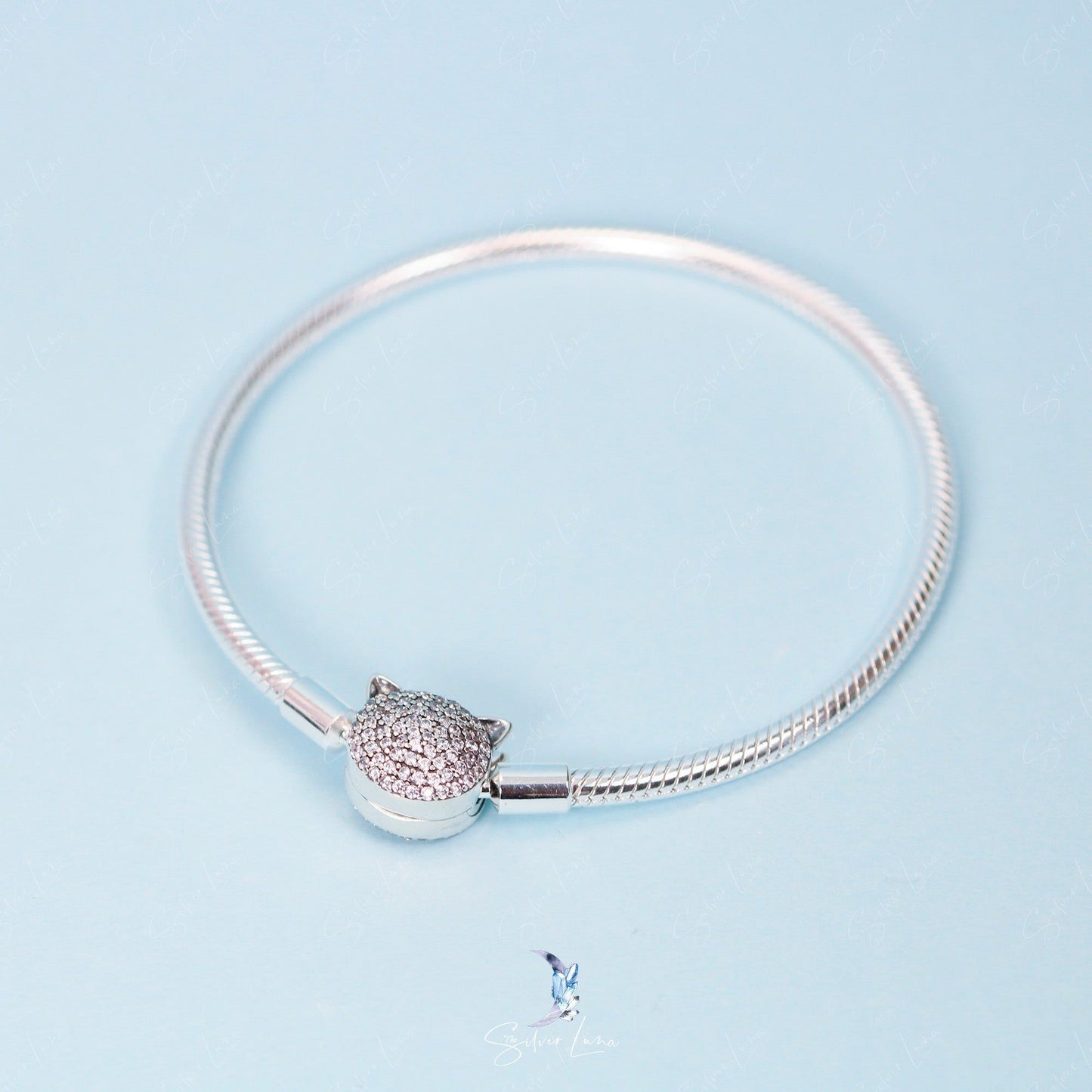 Lovely cubic zirconia cat head sterling silver bracelet for charms