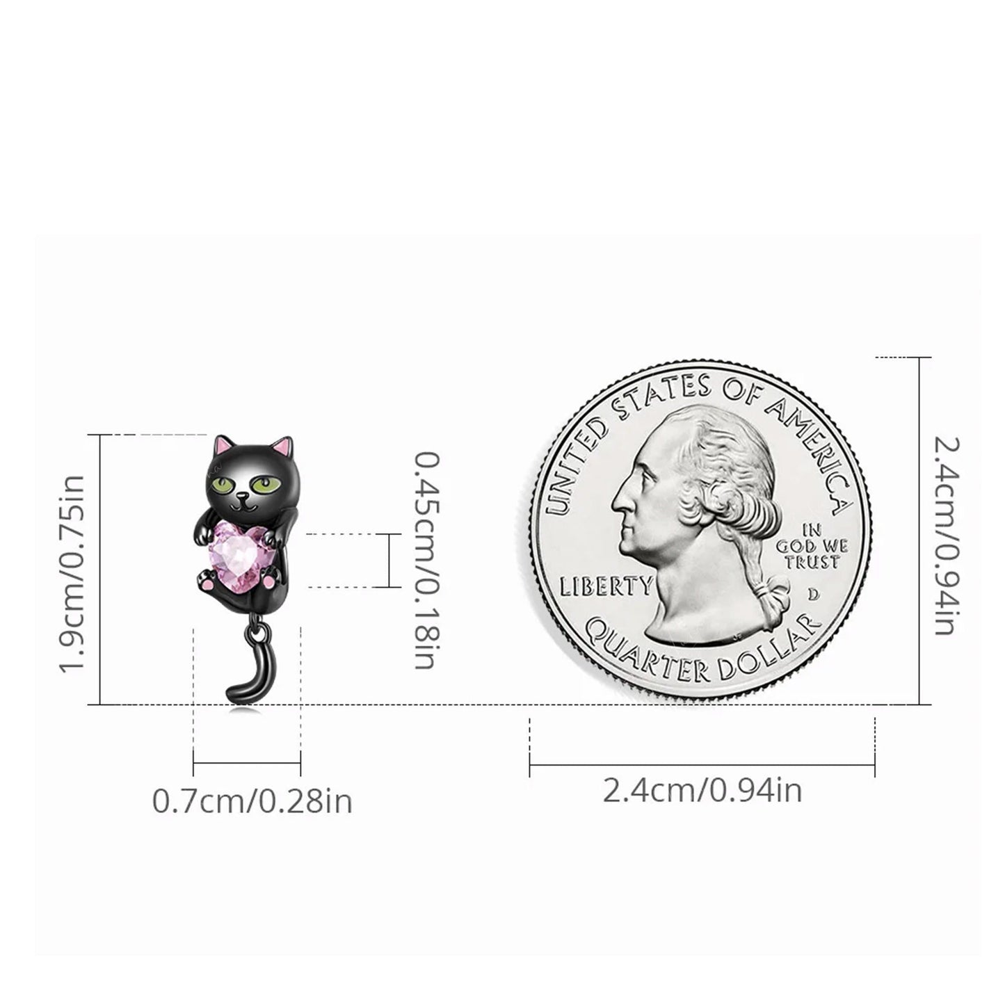 Sweet heart black cat sterling silver bead charm