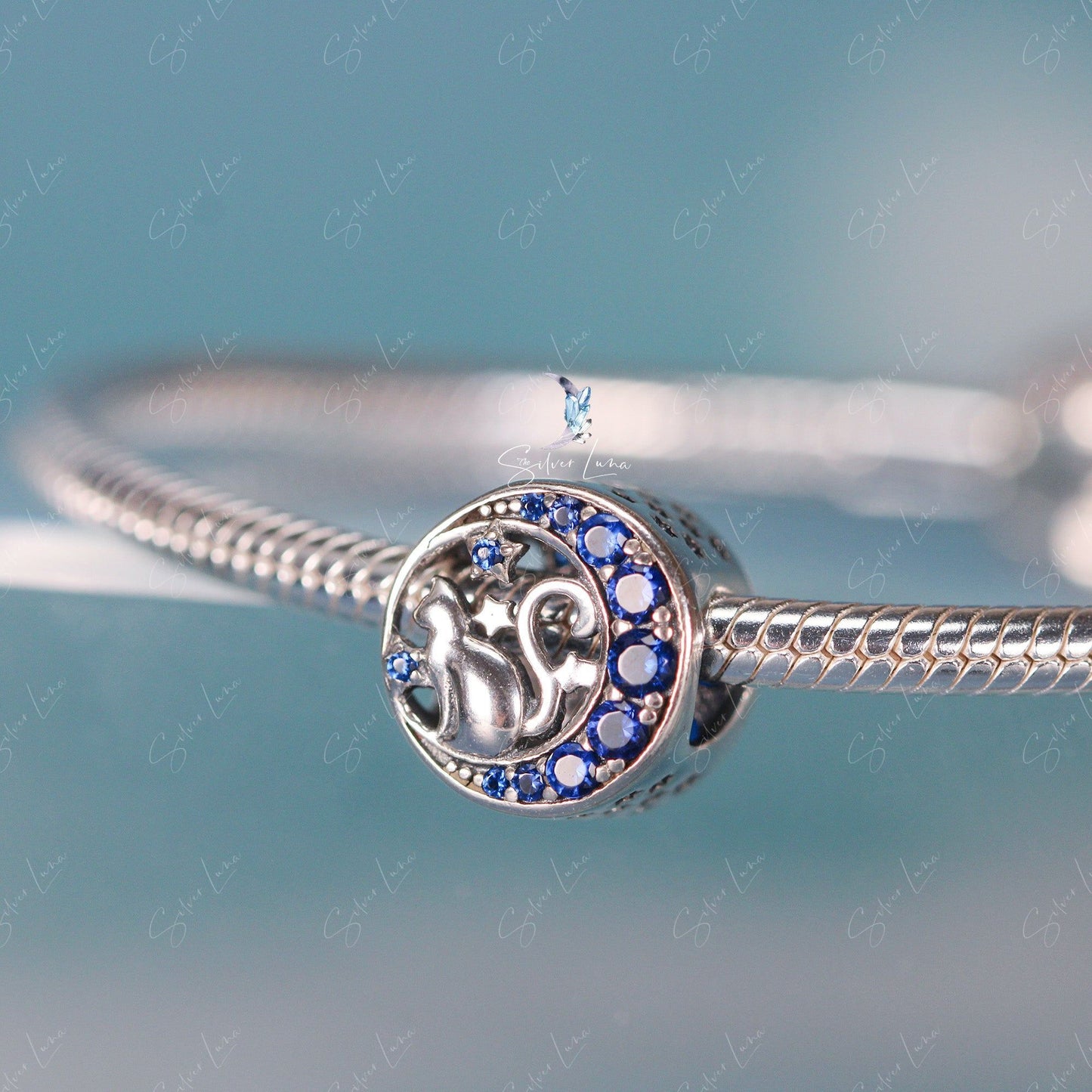cat on moon bracelet charm