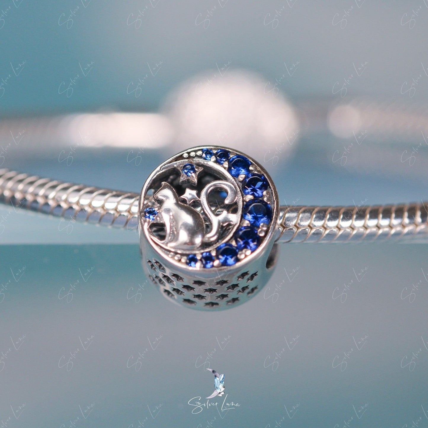 cat on moon bead charm for bracelet