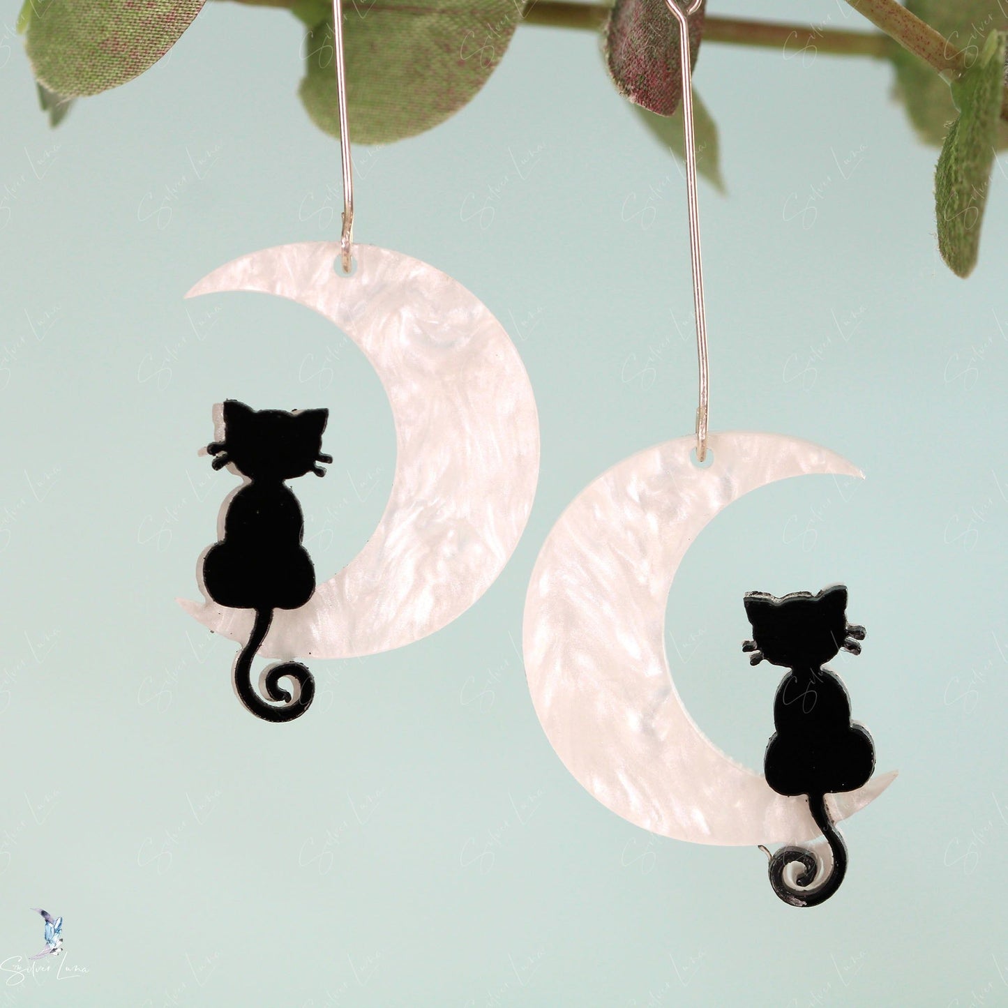 Cat on moon sterling silver earrings