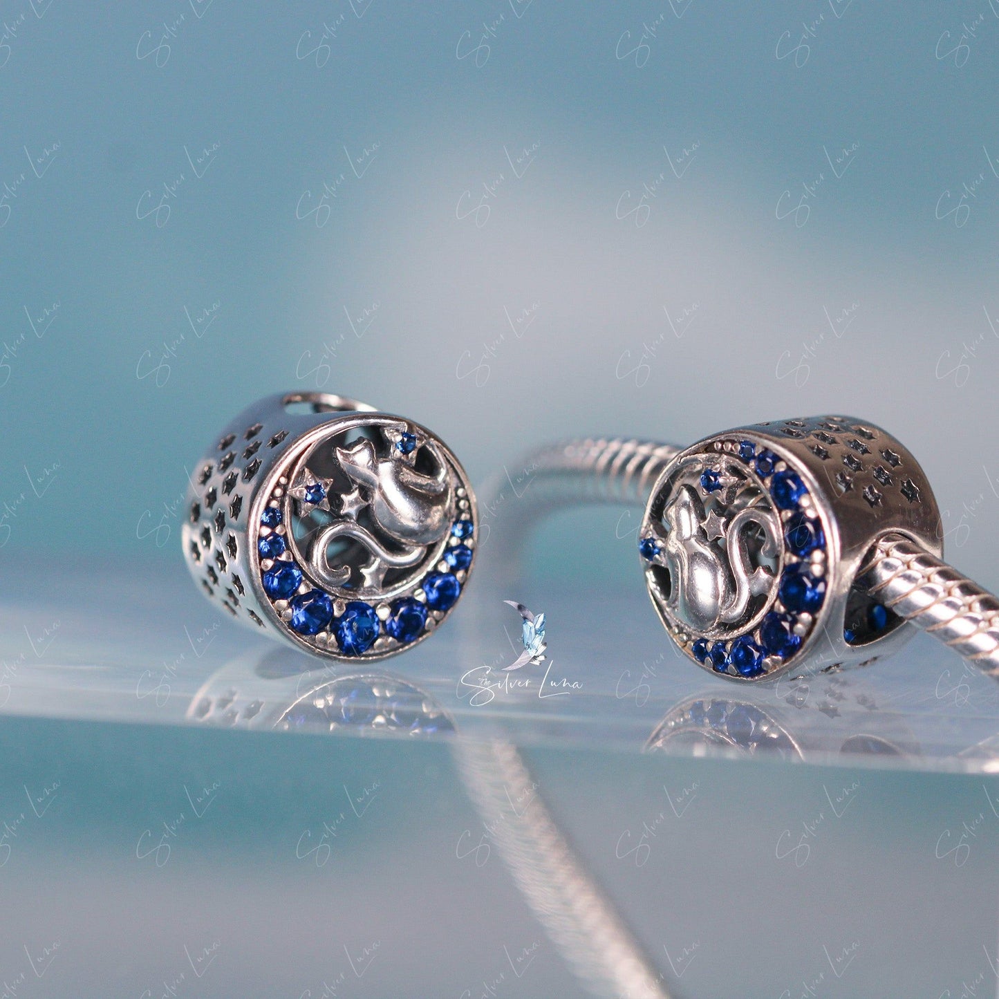 cat on moon silver bead charm