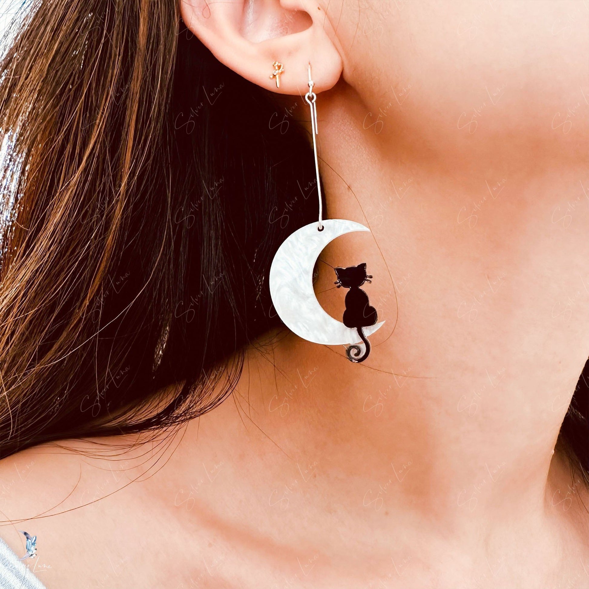 cat on moon dangle drop silver earrings
