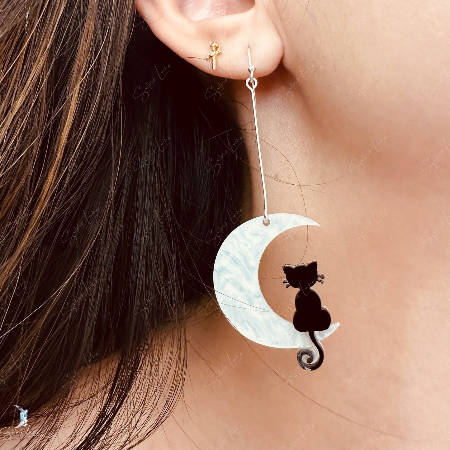 Cat on moon sterling silver earrings
