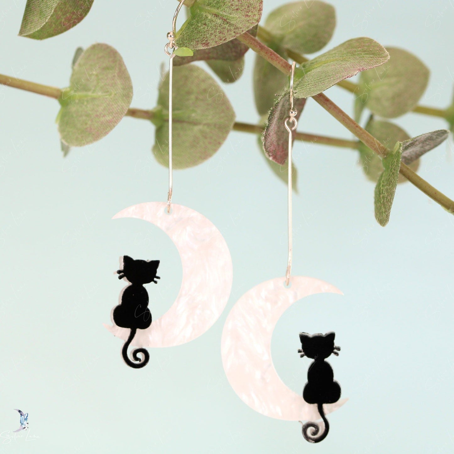 funny cat on moon earrings