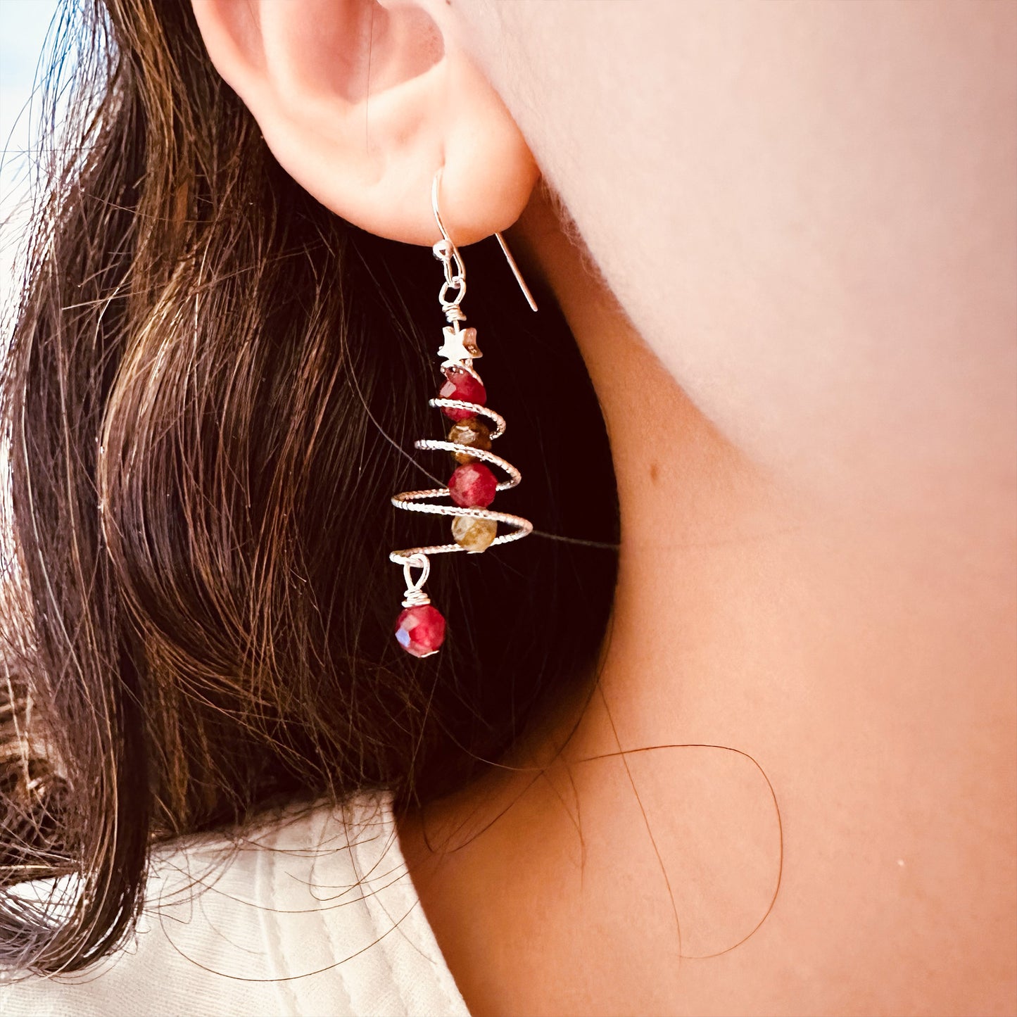 red ruby green garnet Christmas tree earrings