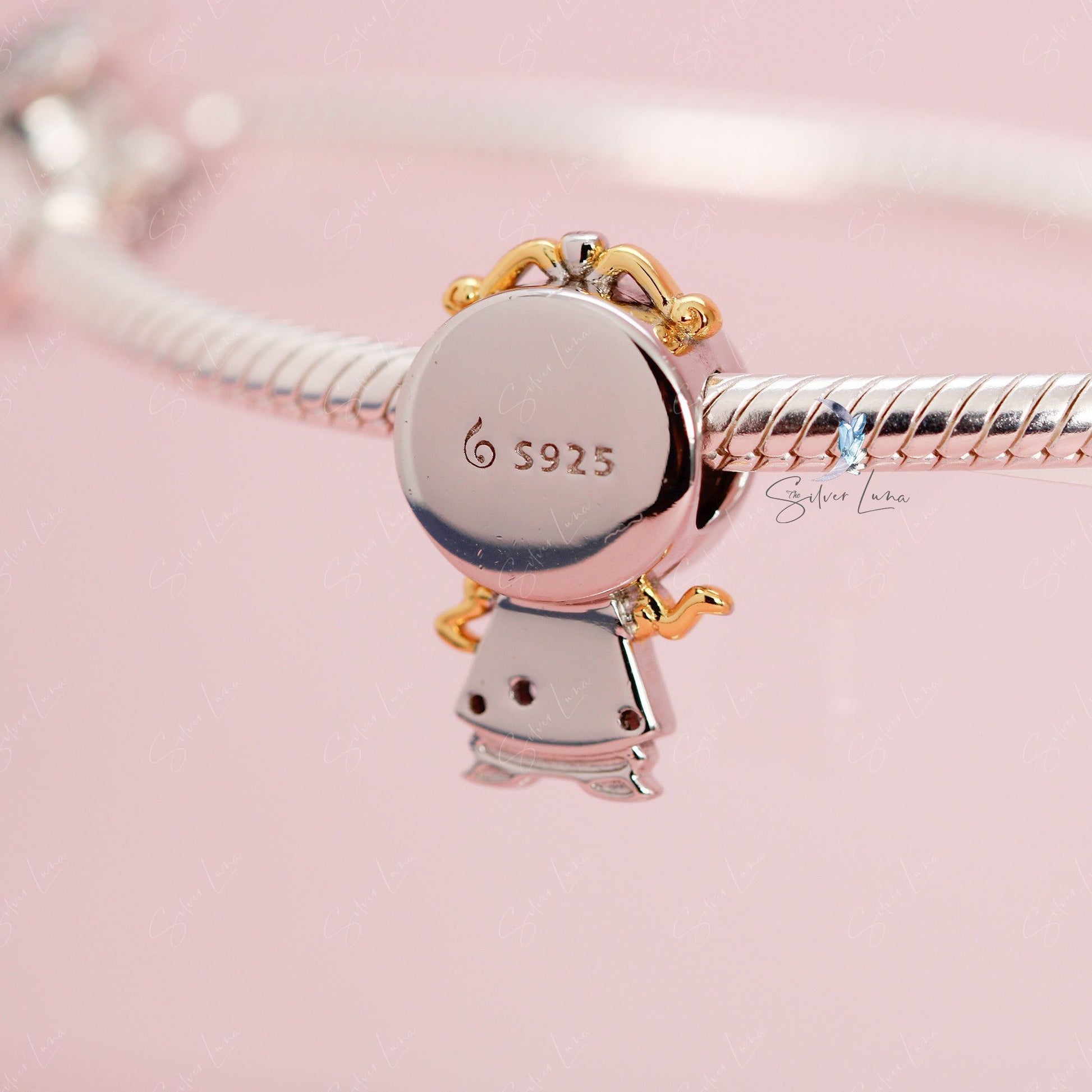 silver clock bead charm