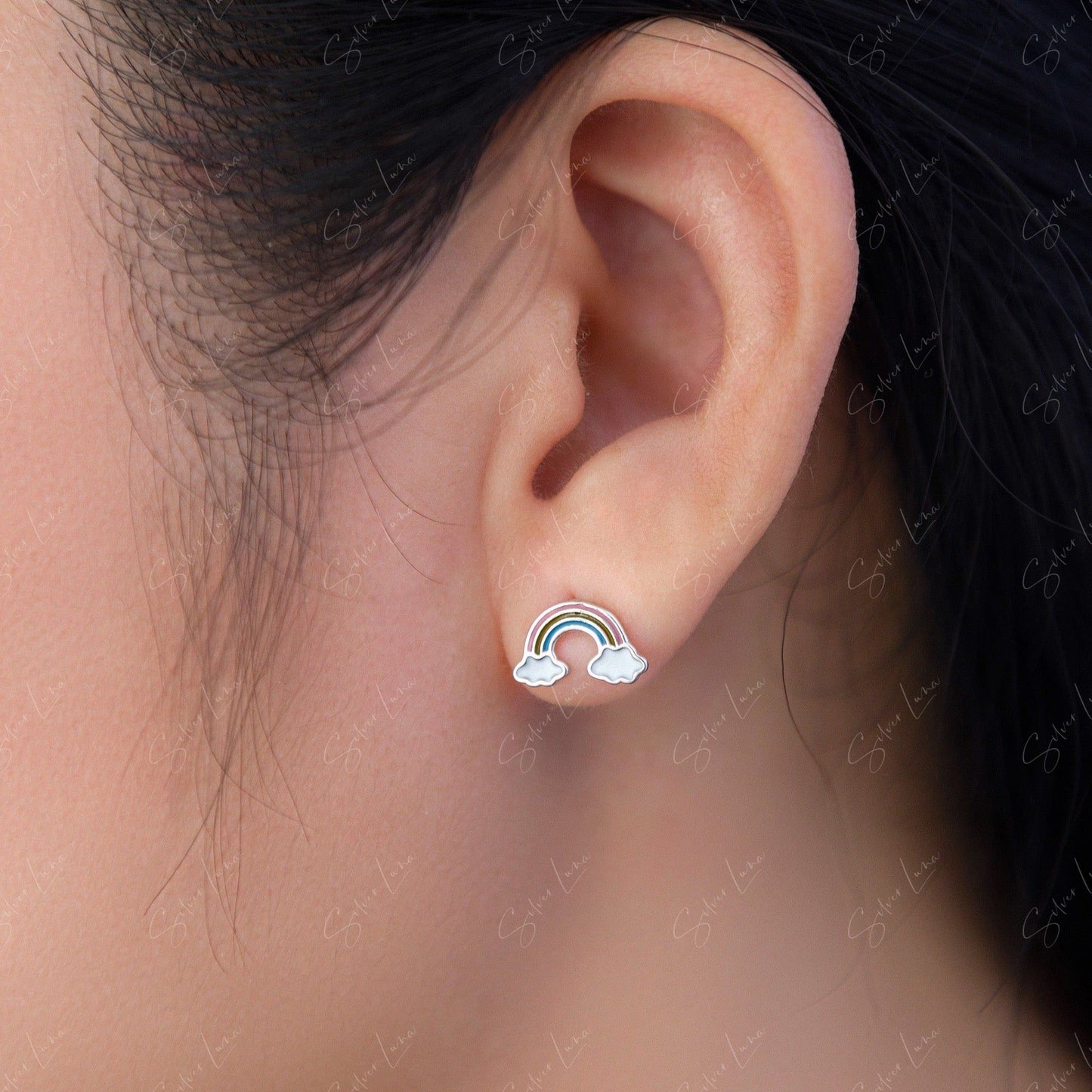 Rainbow And Cloud Sterling Silver Stud Earrings