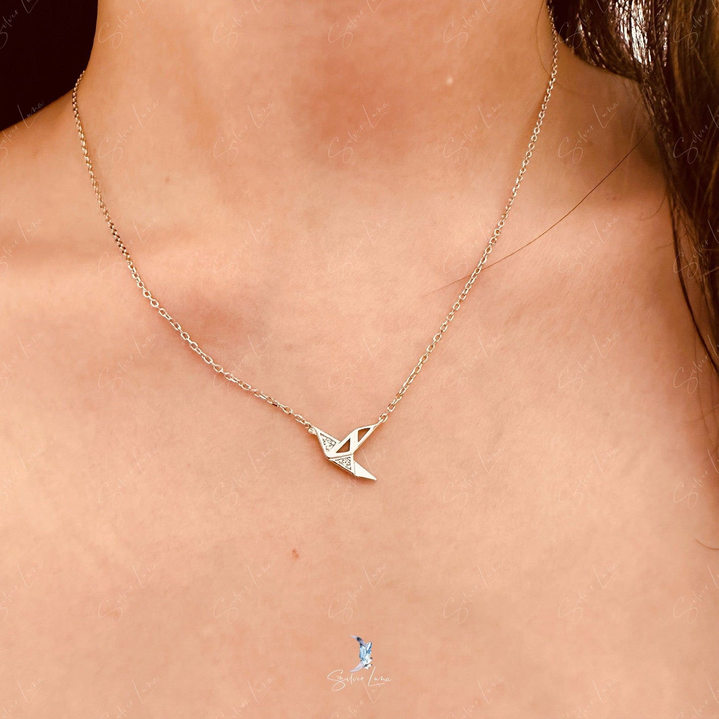 Origami paper crane pendant necklace
