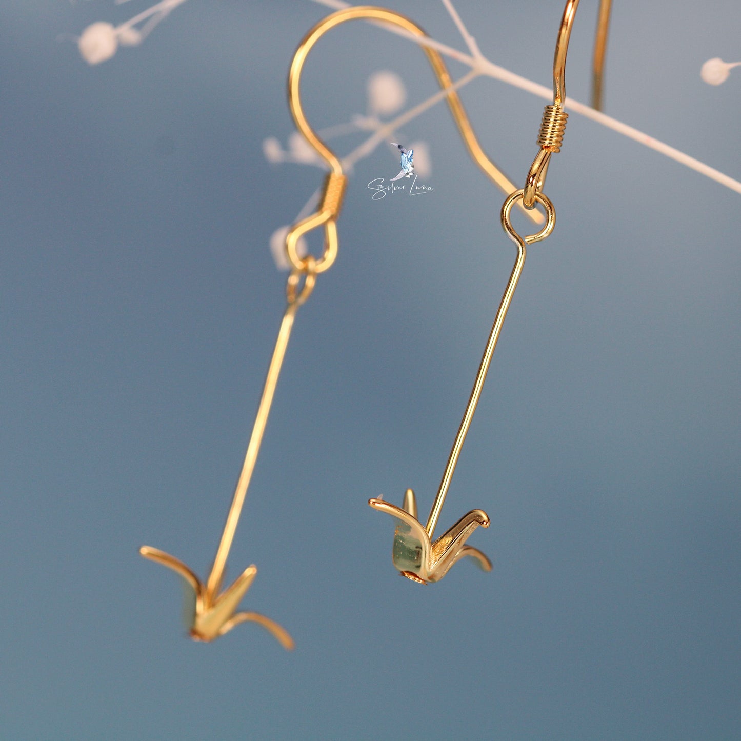 Origami crane sterling silver dangle drop earrings