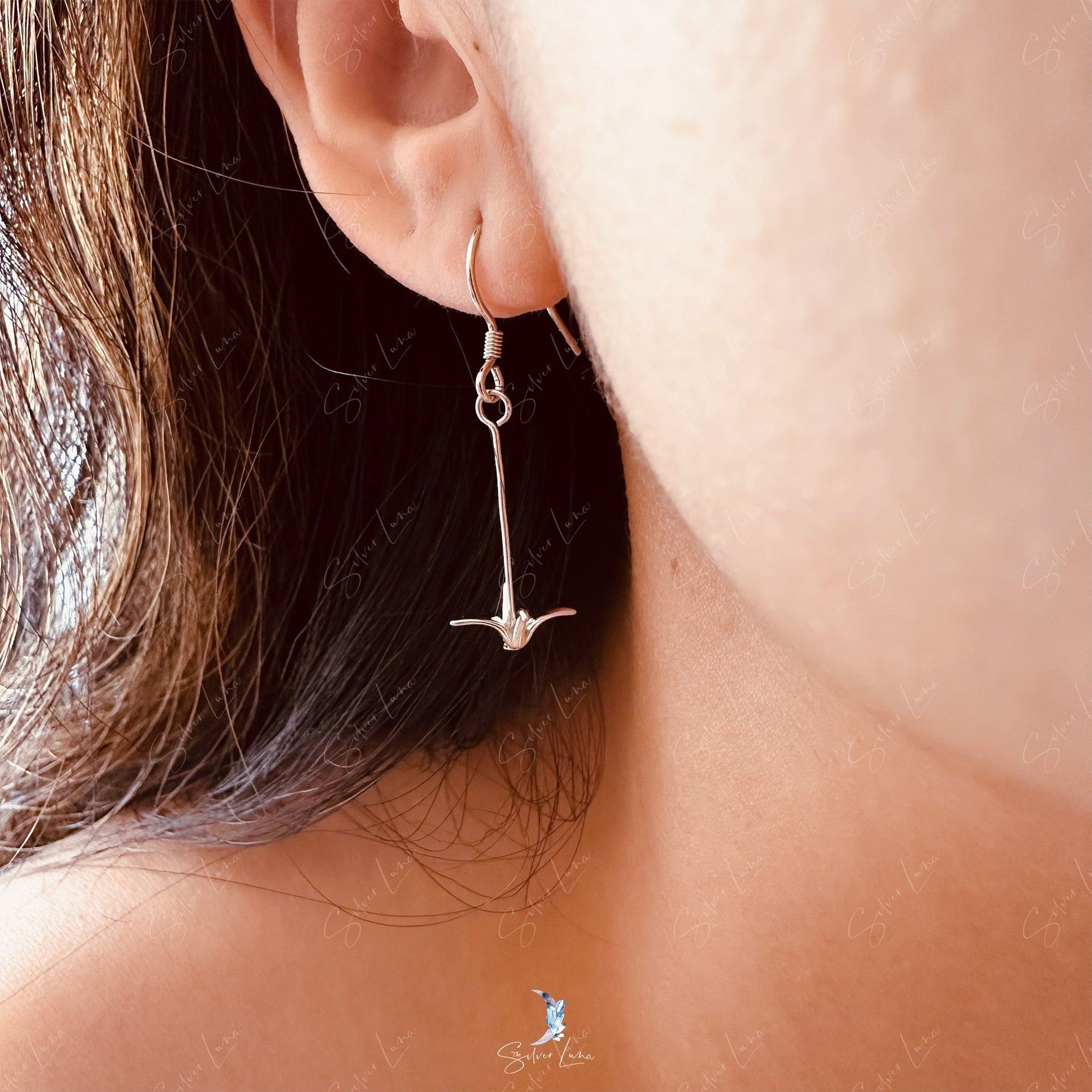 origami paper crane silver earrings
