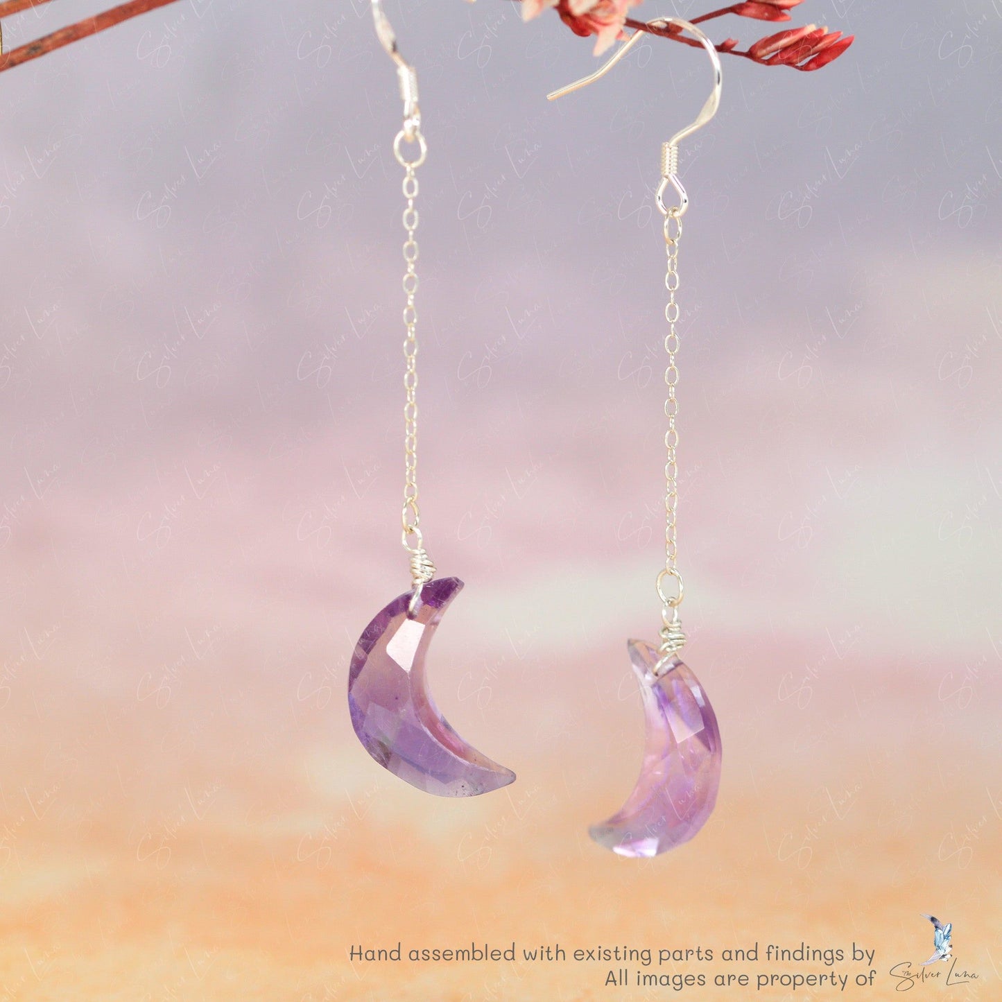 Amethyst natural stone moon drop sterling silver earrings