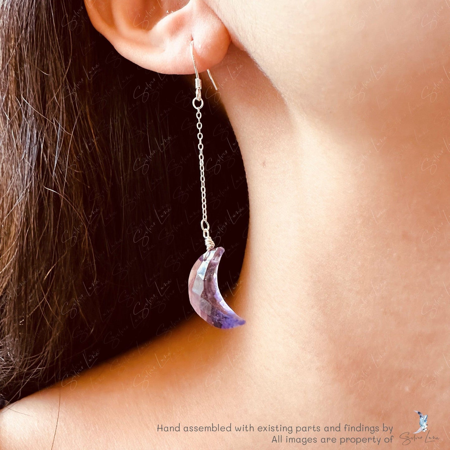 Amethyst natural stone moon drop sterling silver earrings
