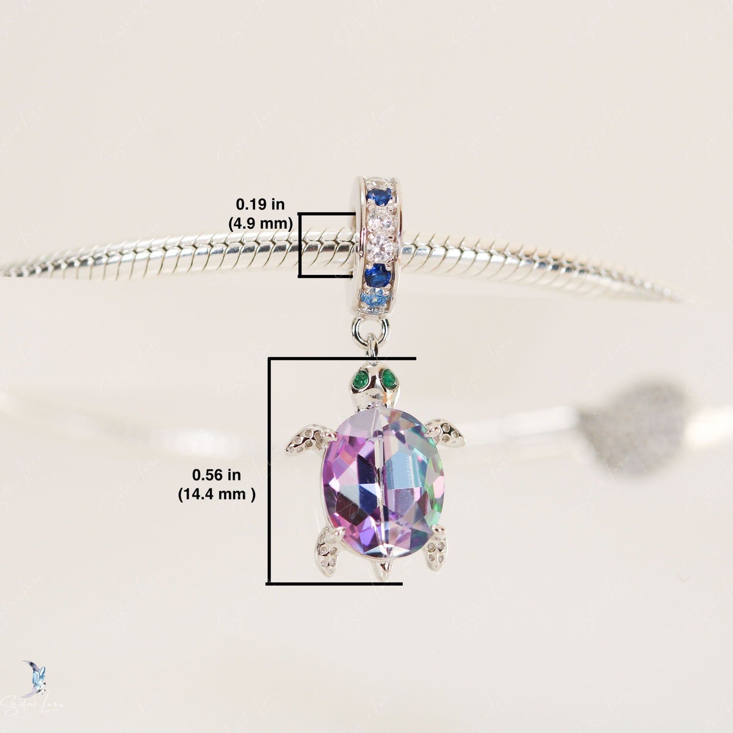 Rainbow crystal turtle sterling silver pendant charm