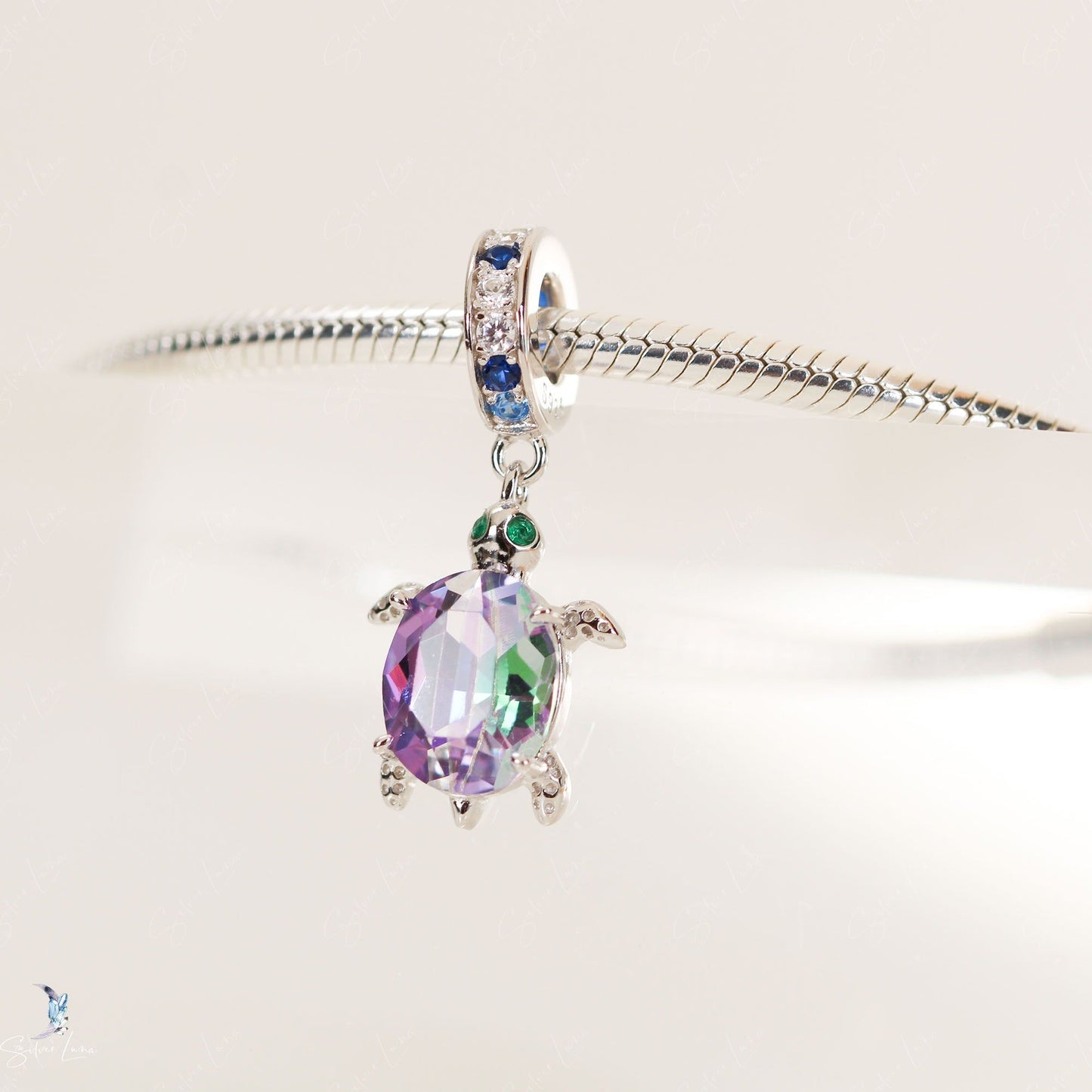 Rainbow crystal turtle sterling silver pendant charm