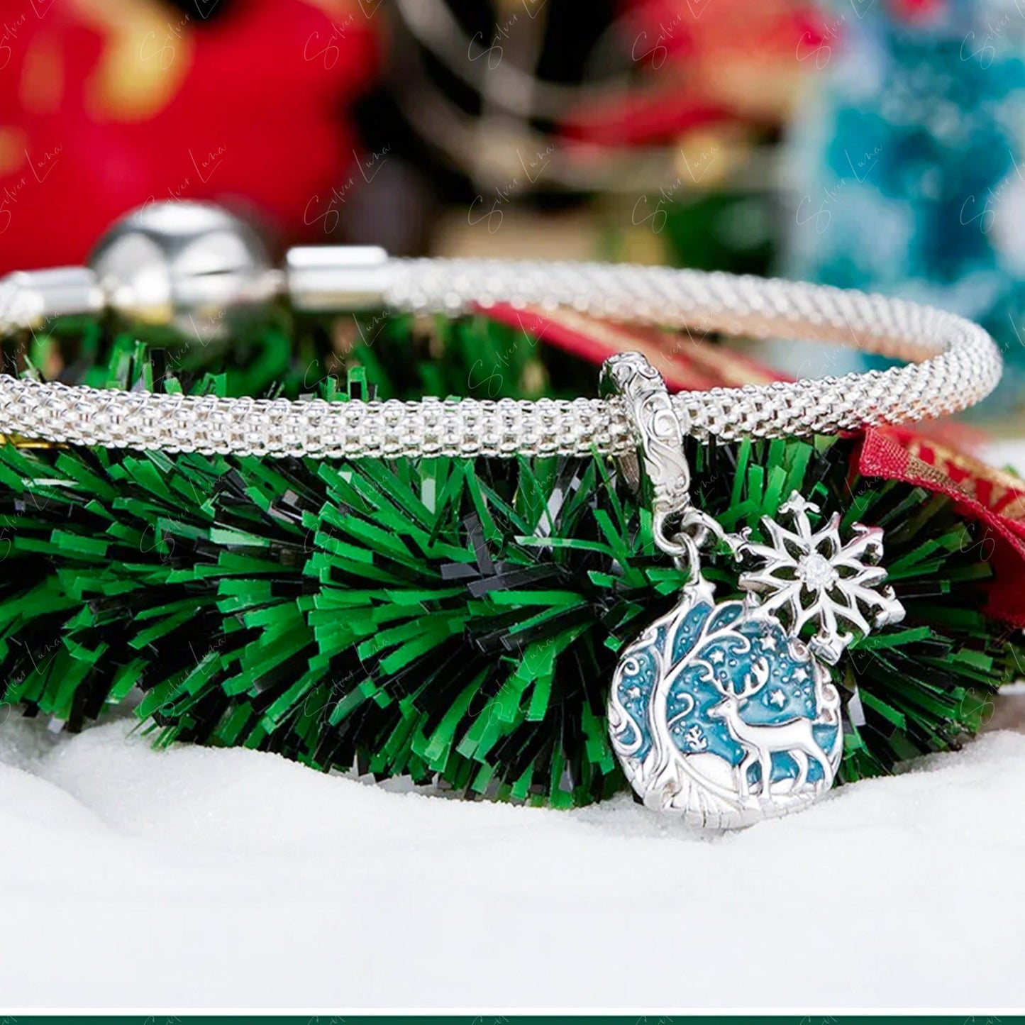 Deer in the snowy forest sterling silver pendant charm