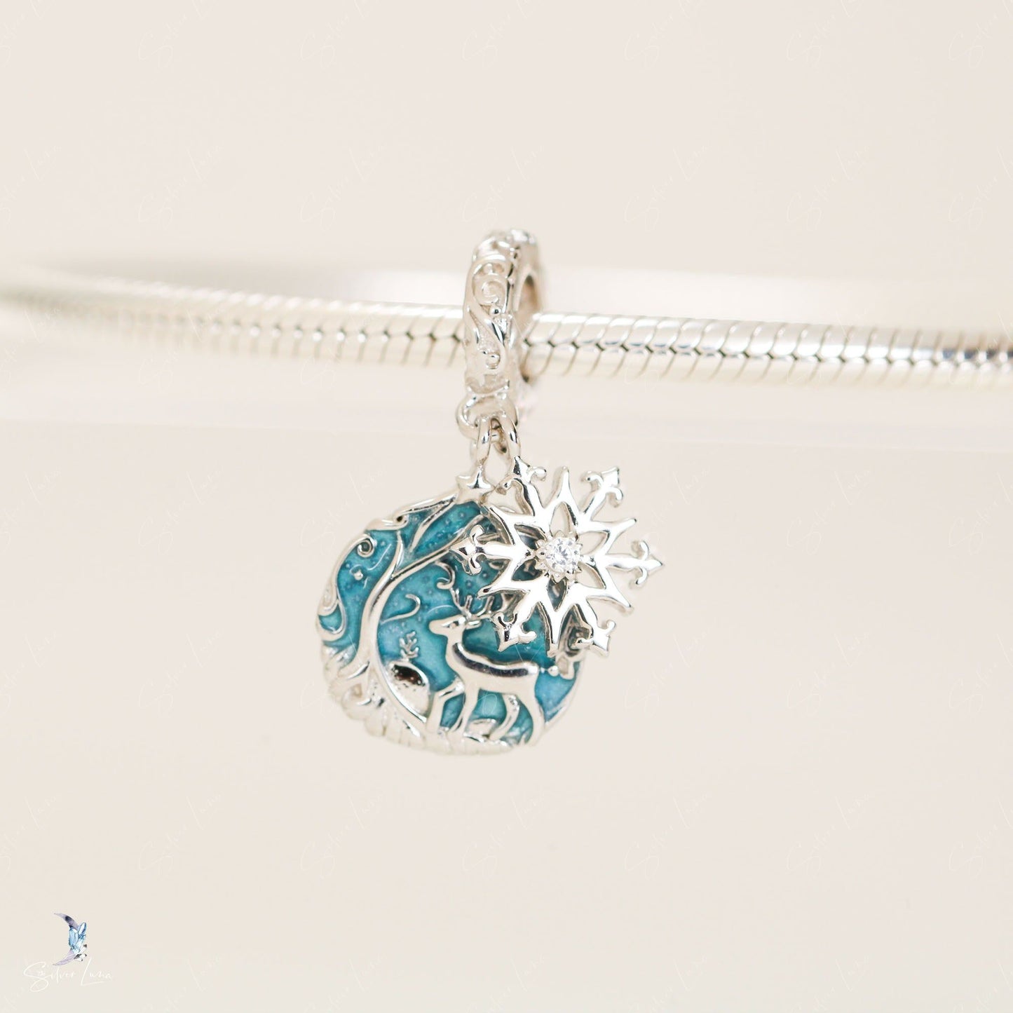 Deer in the snowy forest sterling silver pendant charm