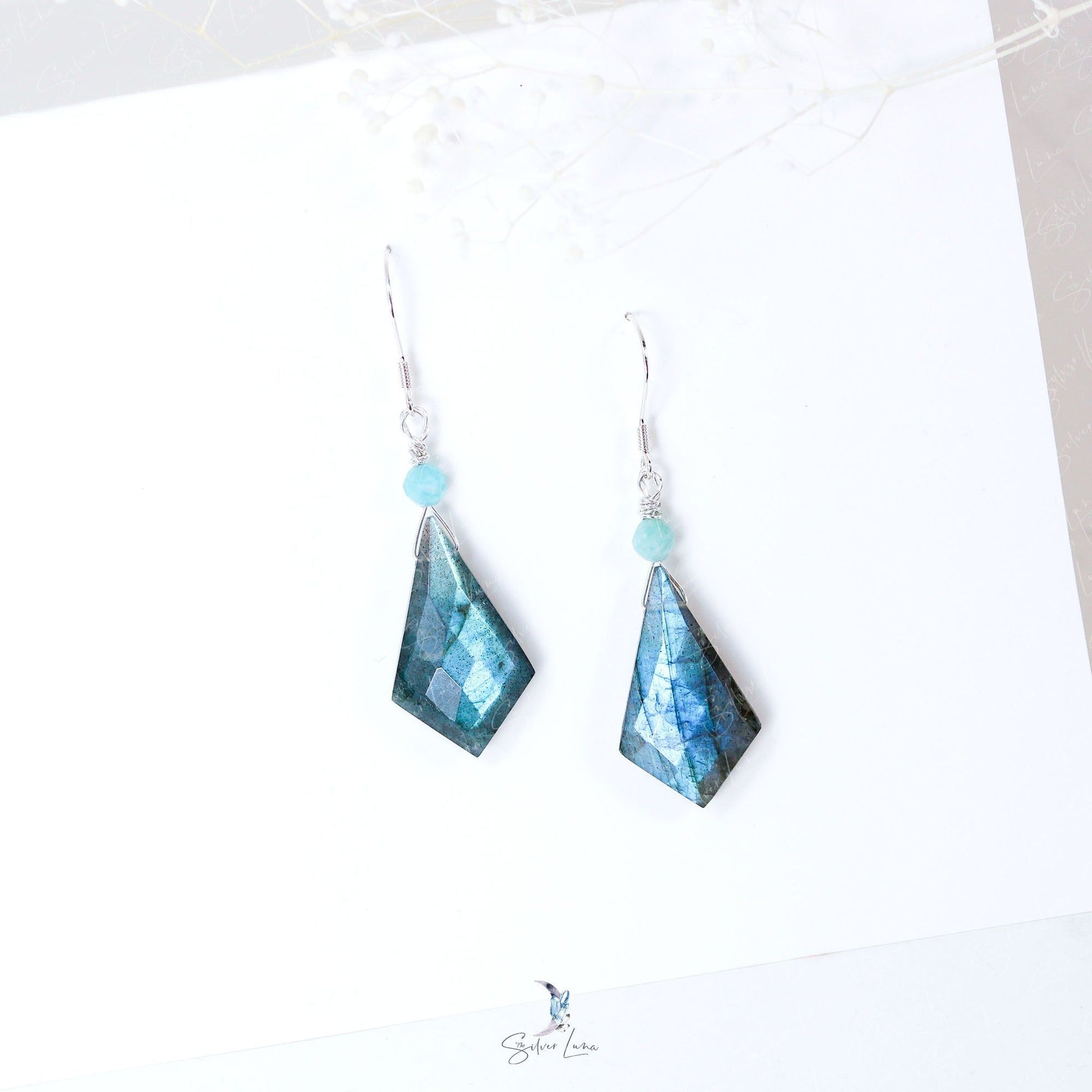 kite diamond cut labradorite dangle drop earrings