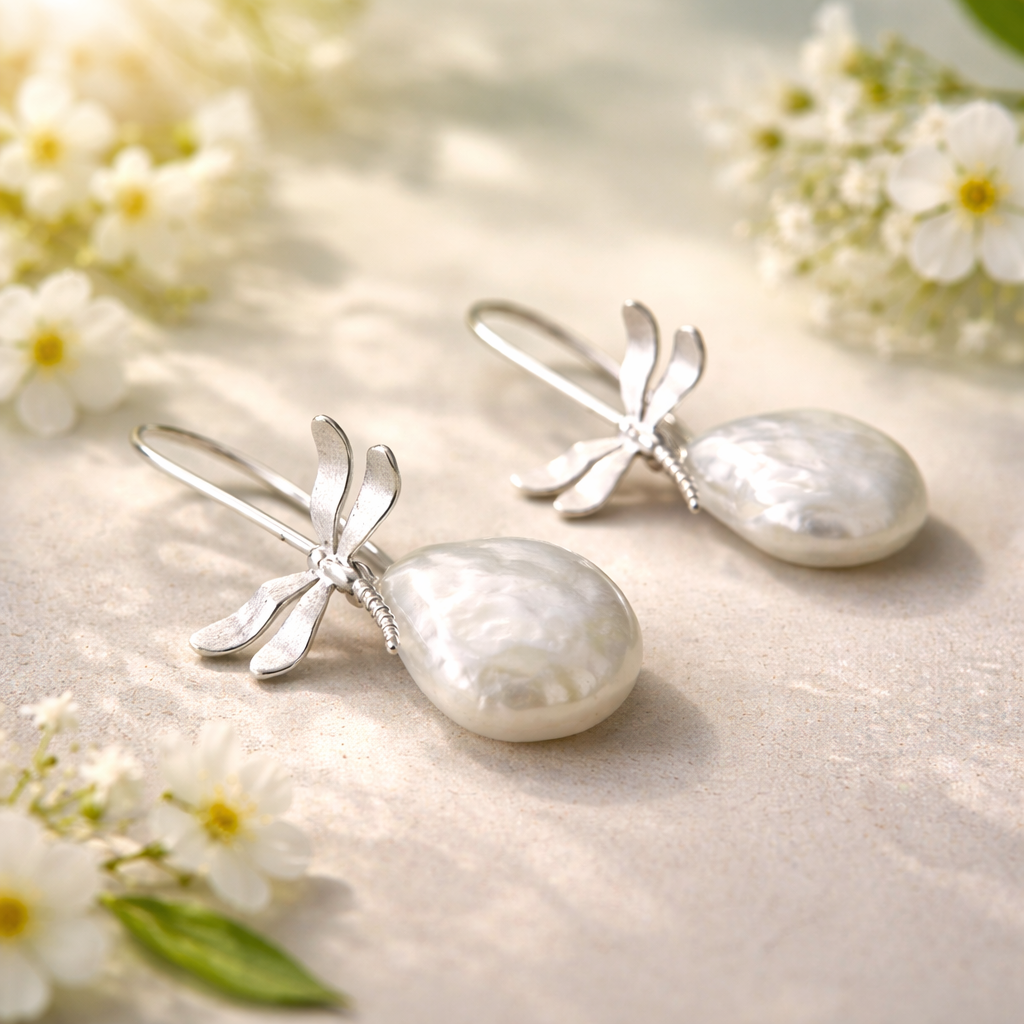 Pearl earrings with silver bows on a light background with flowers