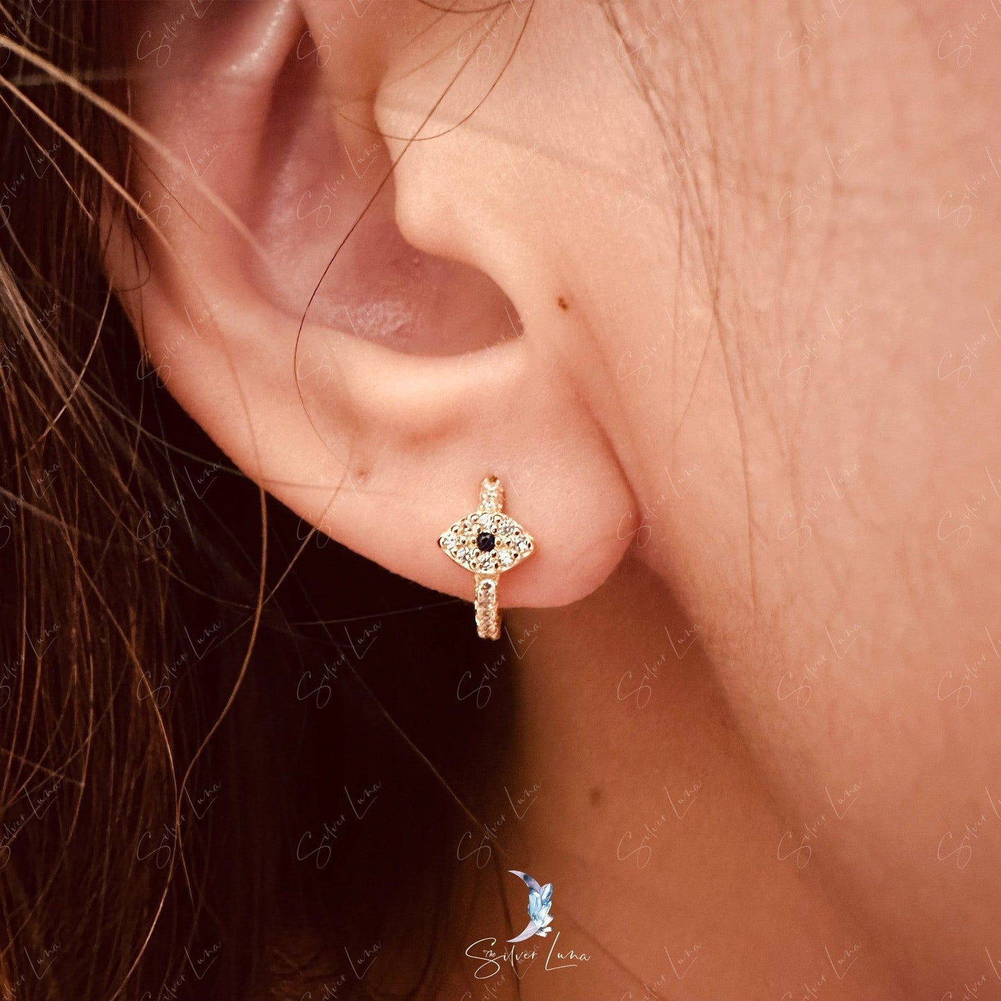 Protective Turkish evil eyes sterling silver hoop earrings