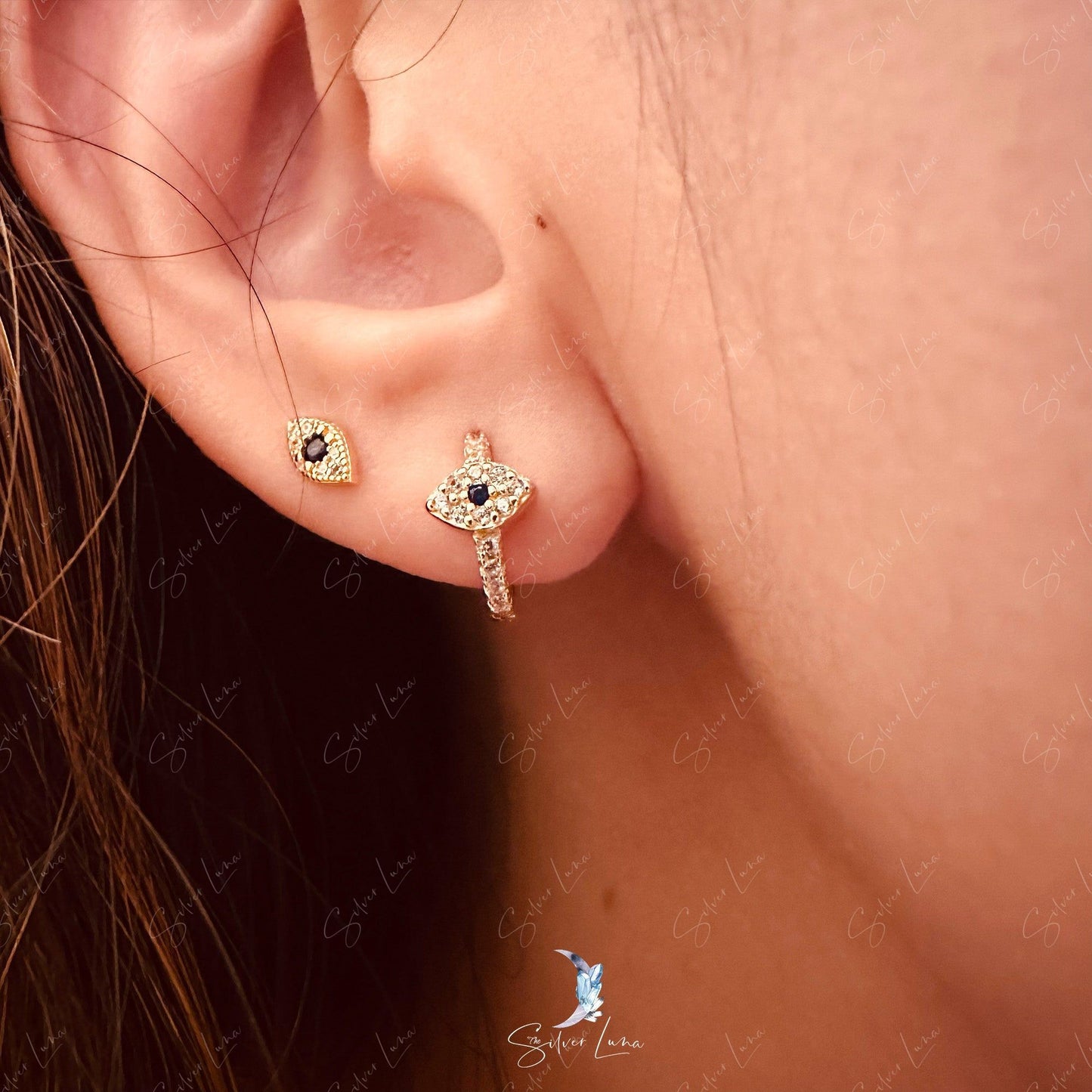 Protective Turkish evil eyes sterling silver hoop earrings