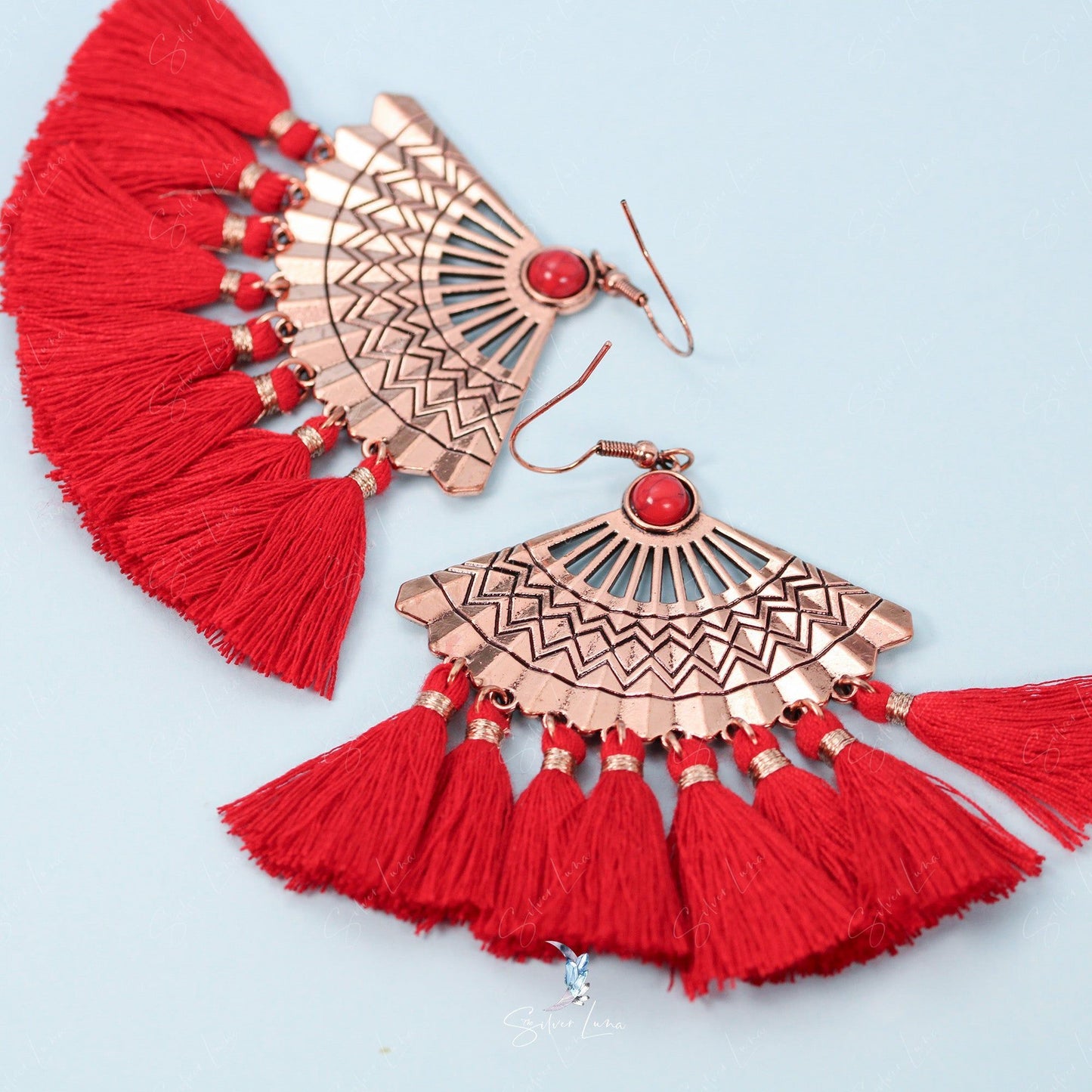 Red fan tassel dangle drop fashion earrings