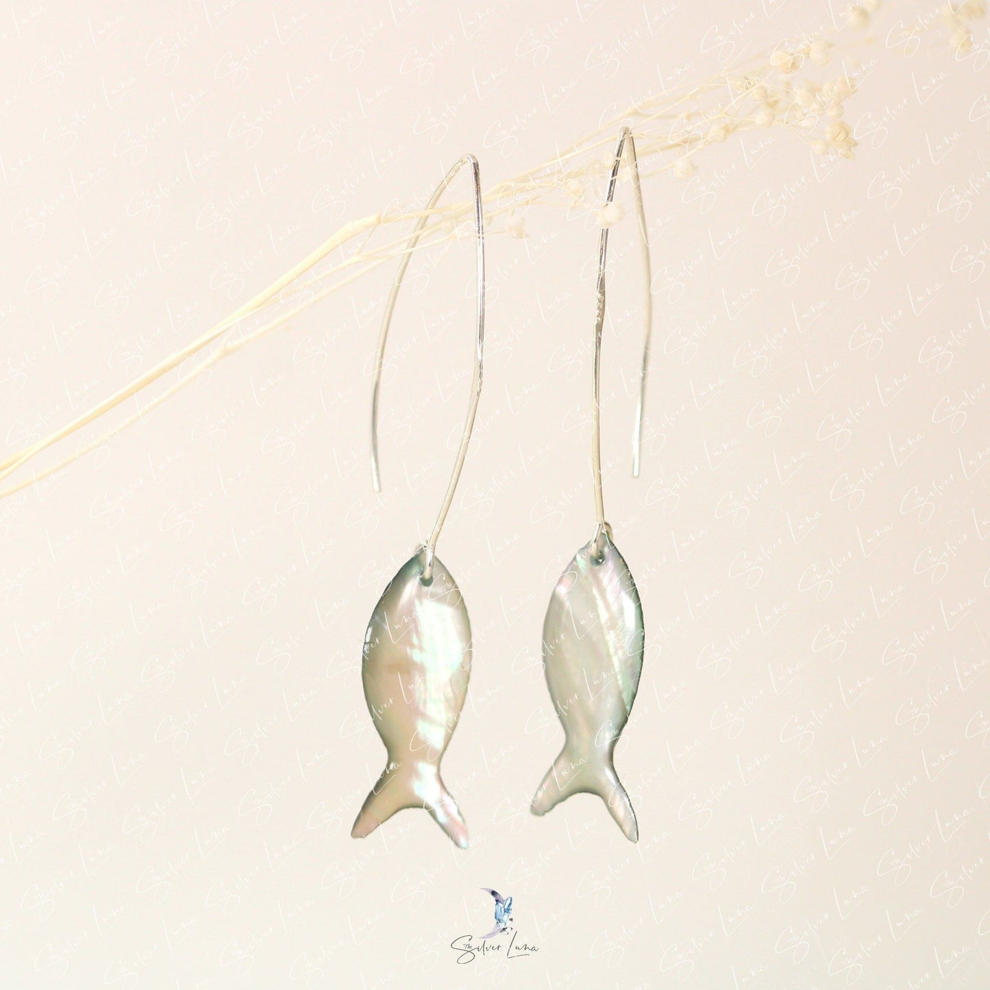 Shell fish on hook dangle drop earrings