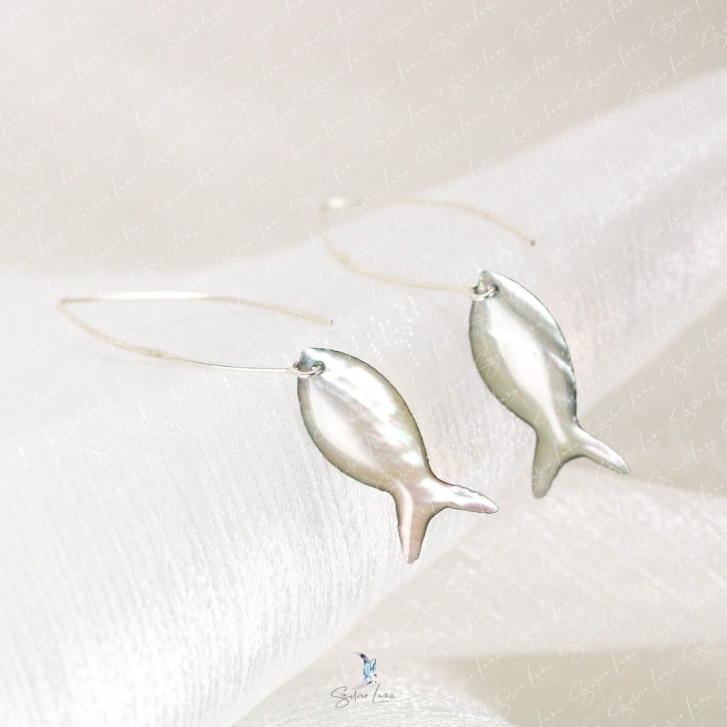 Shell fish on hook dangle drop earrings