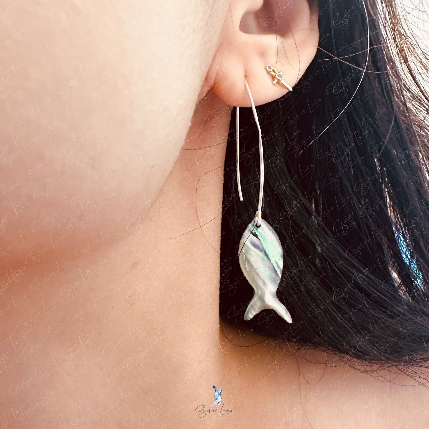 Shell fish on hook dangle drop earrings