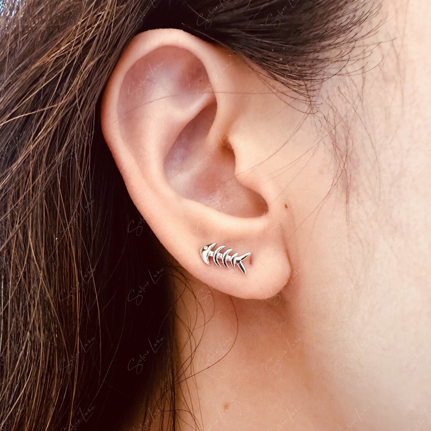 fish bone sterling silver stud earrings