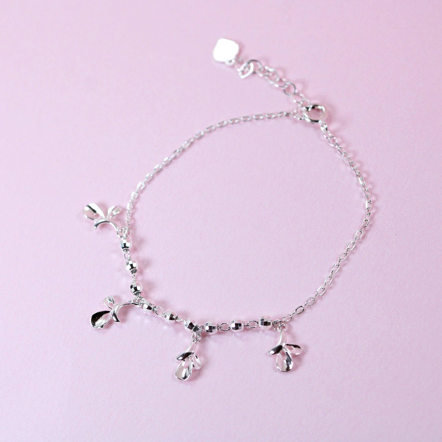 Floral leaves charm ball chain silver bracelet